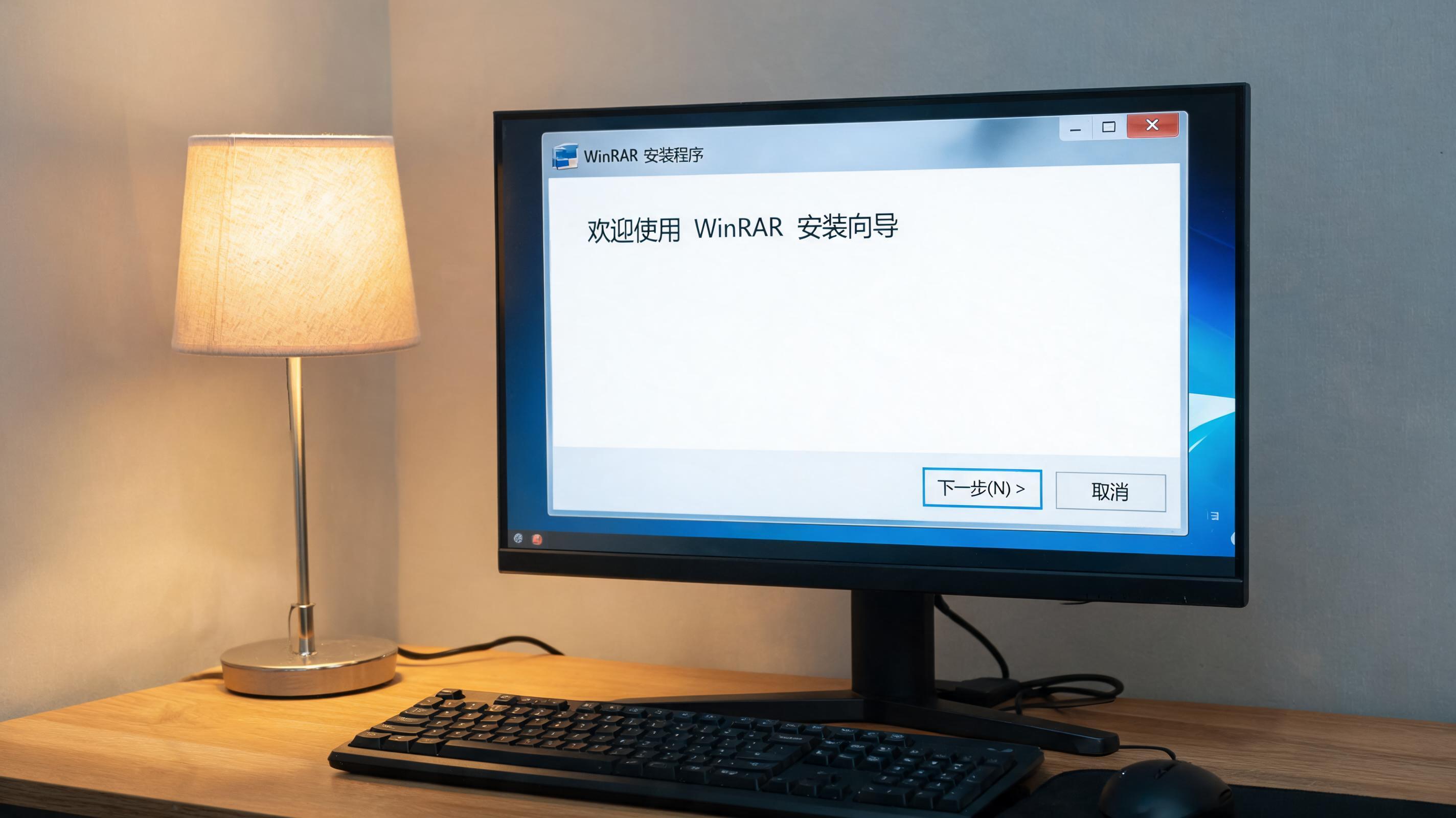 电脑桌上的电脑，屏幕显示文件压缩解压缩安装包界面，旁边放着台灯
