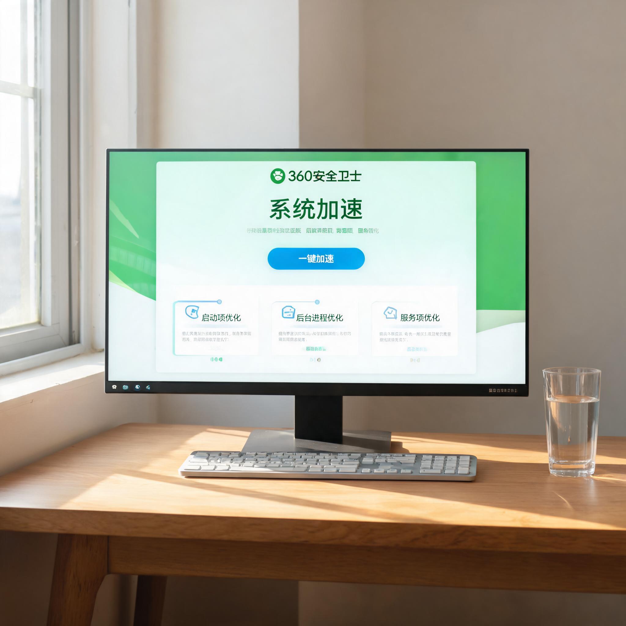 书桌上的电脑，屏幕显示360 安全卫士系统加速设置界面，桌角放着水杯，自然光