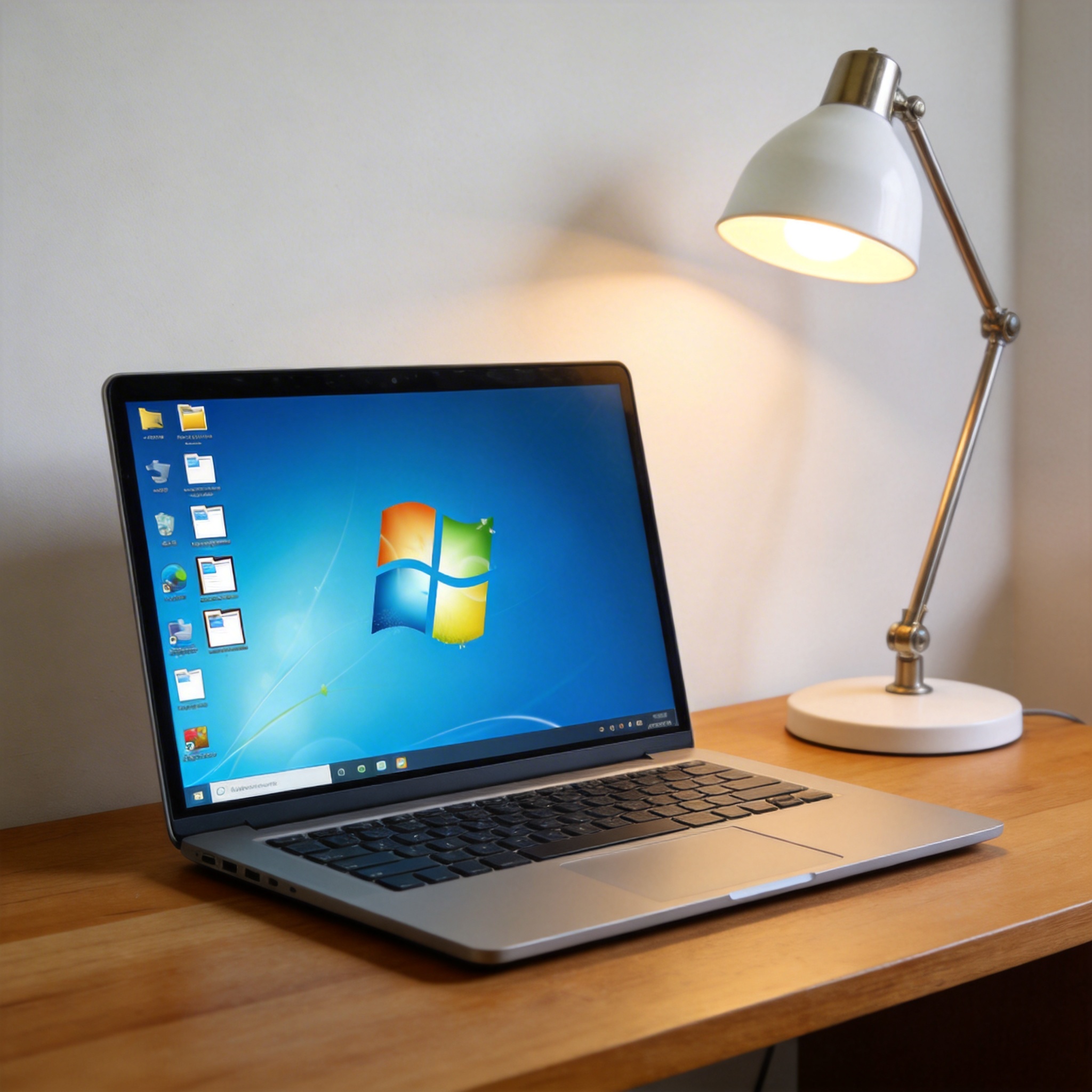 电脑桌上的电脑，屏幕显示Windows界面，旁边放着台灯