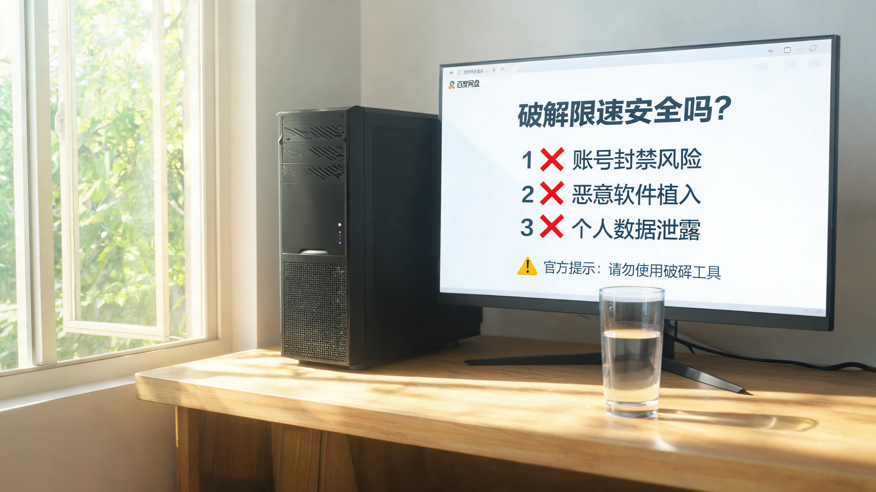 书桌上的主机，屏幕显示百度网盘破解限速安全吗设置界面，桌角放着水杯，自然光