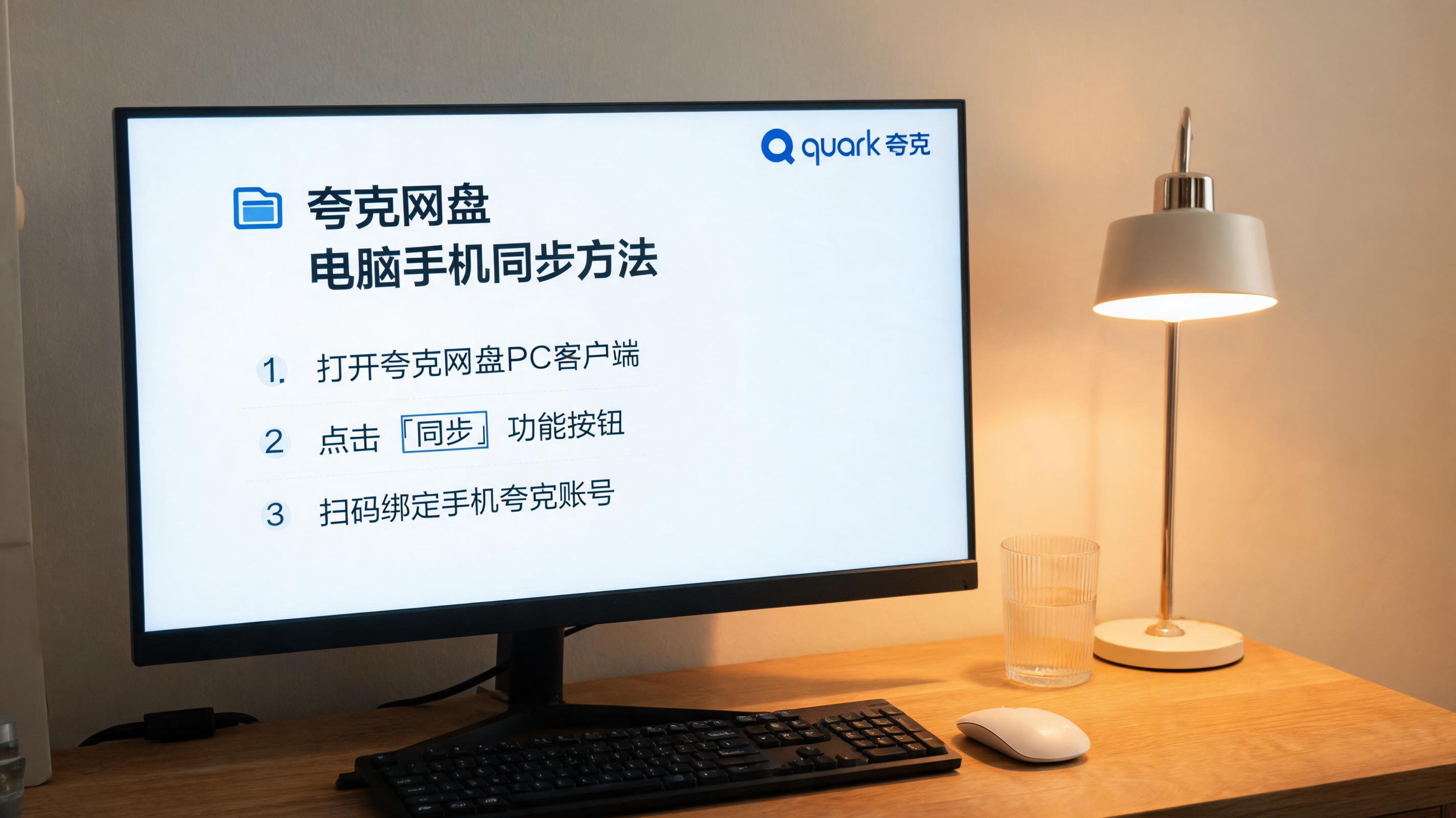 电脑桌上的电脑，屏幕显示夸克网盘电脑手机同步方法界面，旁边放着台灯