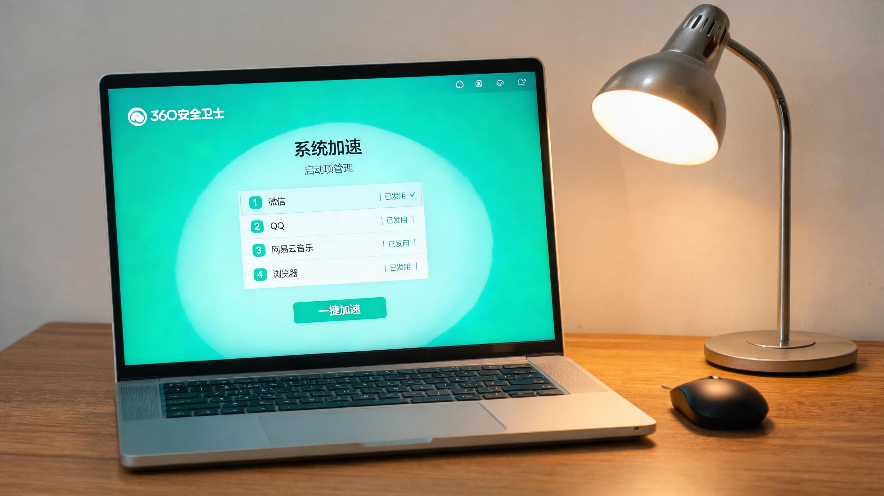 电脑桌上的笔记本，屏幕显示360 安全卫士系统加速启动项，旁边放着台灯