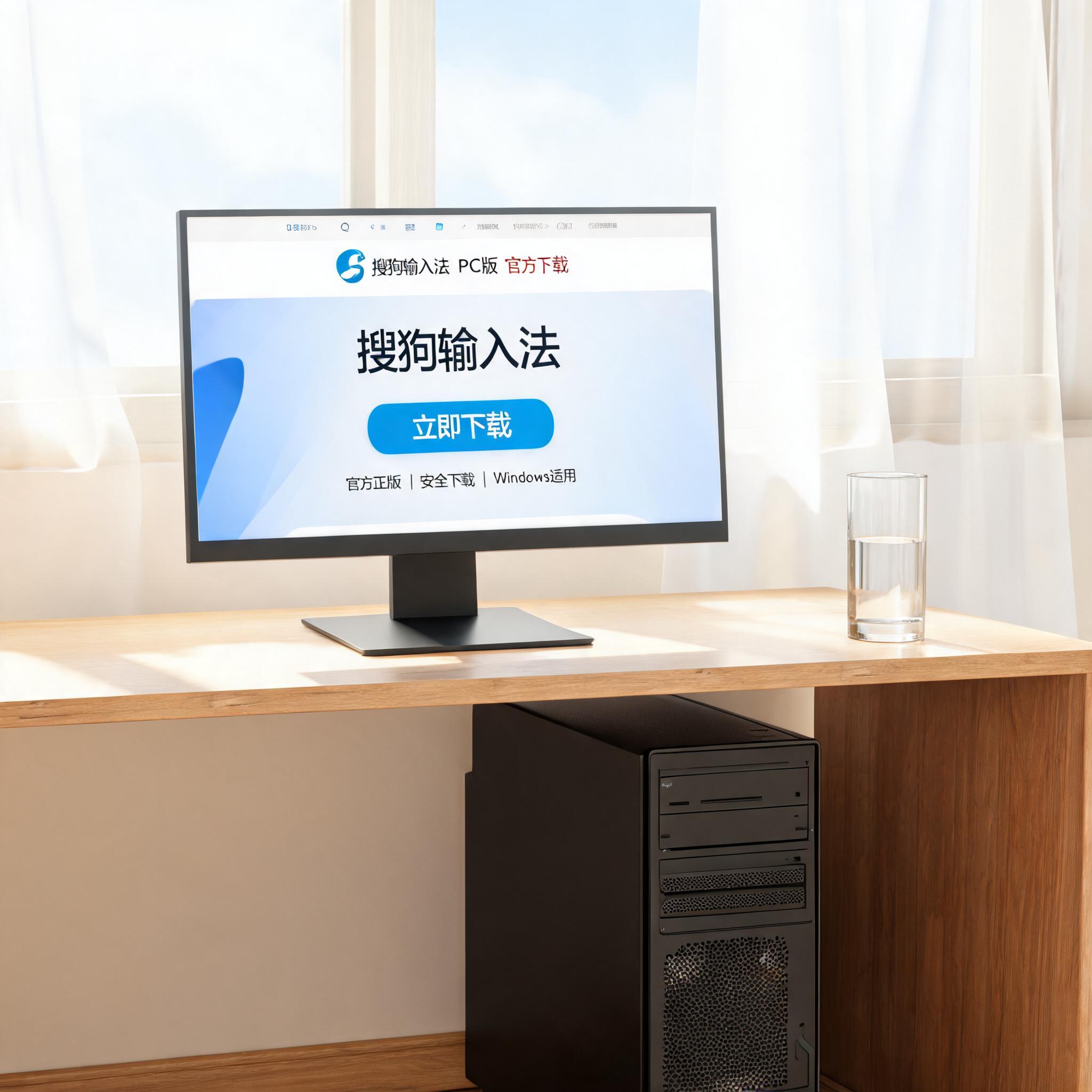 书桌上的主机，屏幕显示PC 端搜狗输入法官方下载设置界面，桌角放着水杯，自然光