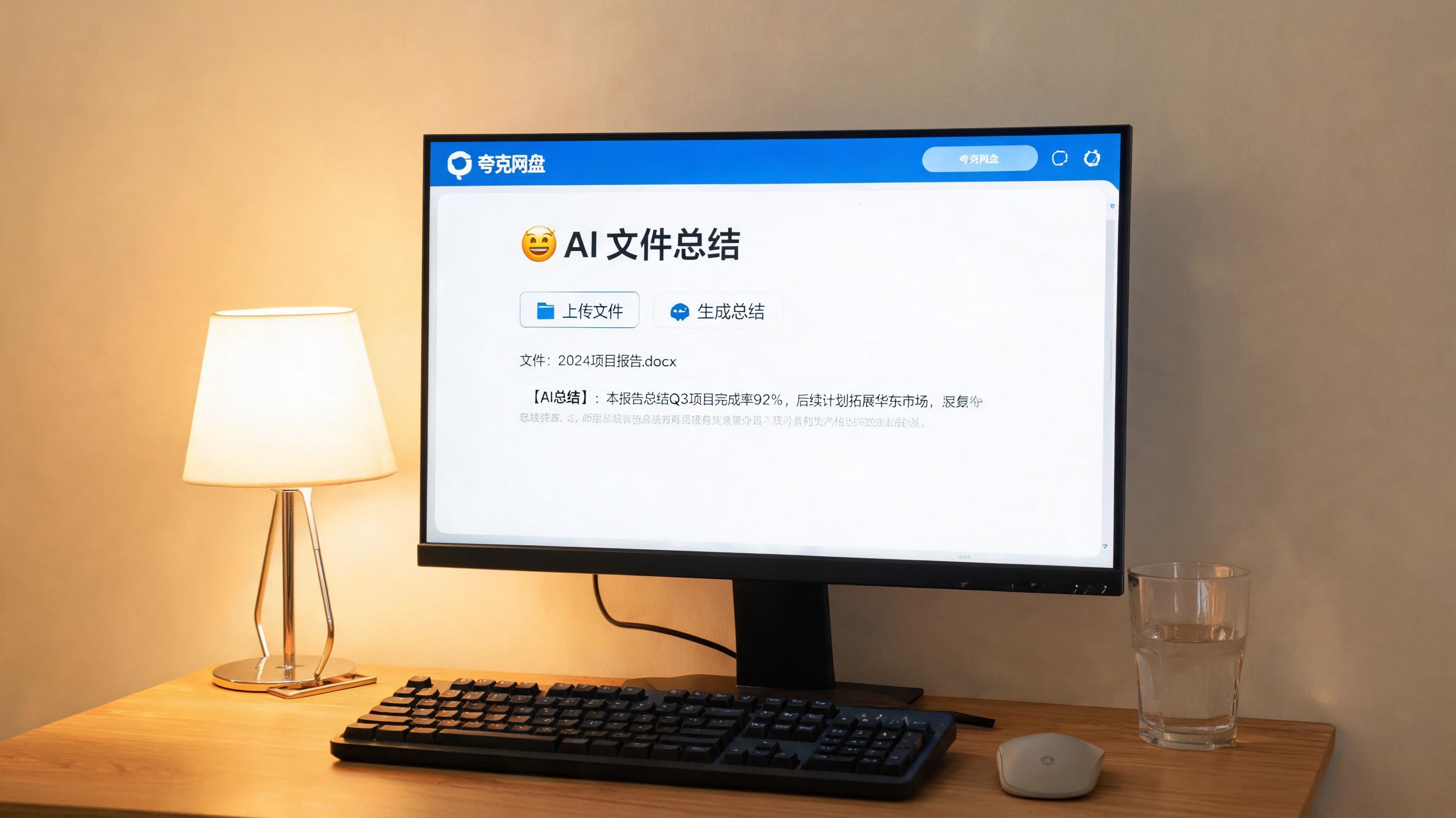 电脑桌上的电脑，屏幕显示夸克网盘 AI 文件总结功能界面，旁边放着台灯