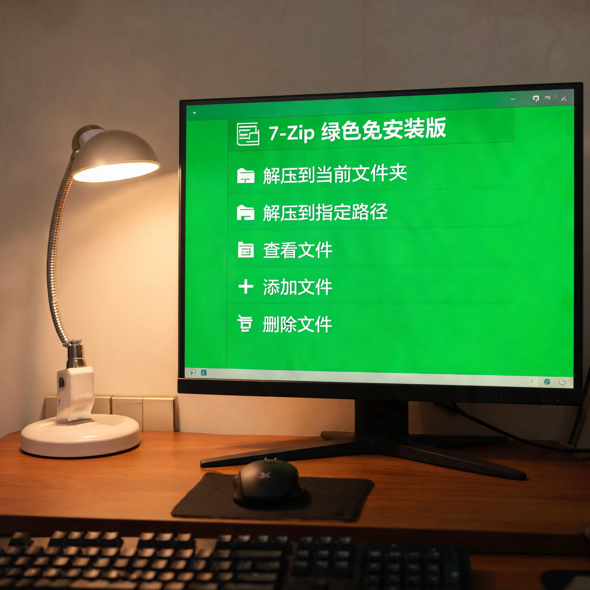 电脑桌上的电脑，屏幕显示绿色版解压缩工具免安装菜单，旁边放着台灯