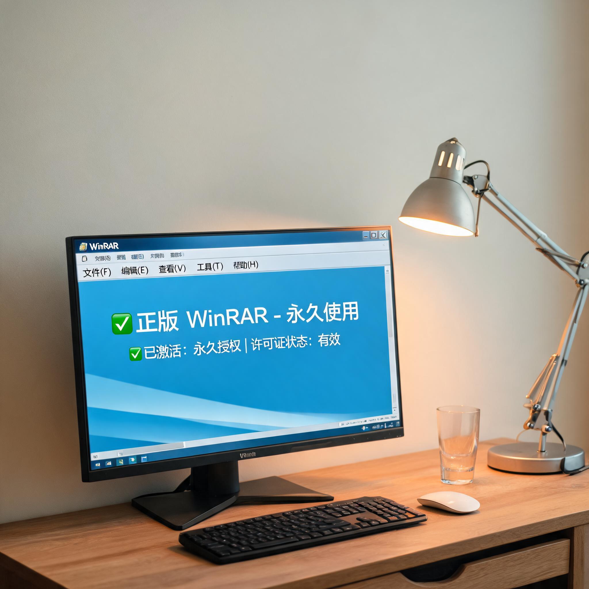 电脑桌上的电脑，屏幕显示正版 winrar 解压缩永久使用界面，旁边放着台灯