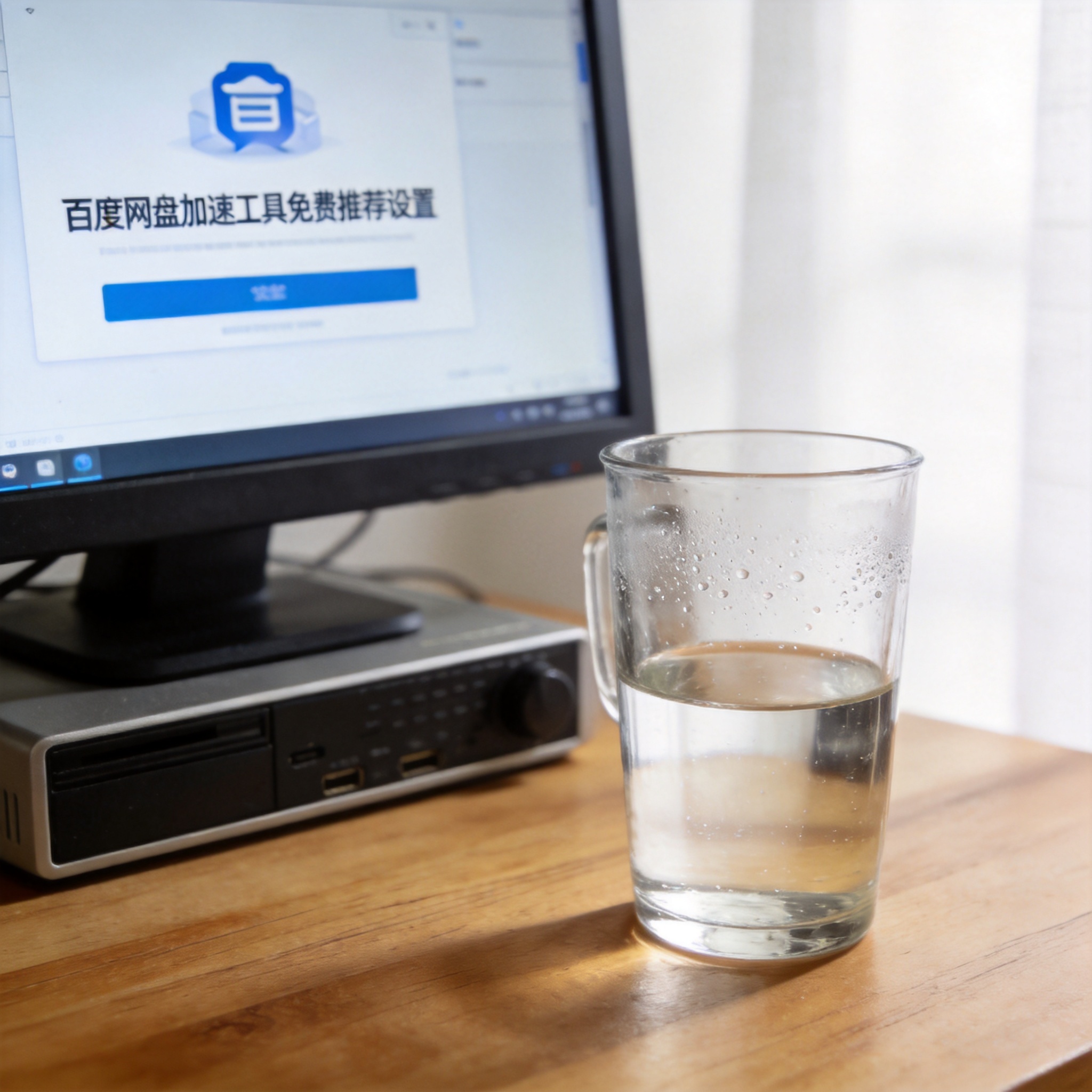 书桌上的主机，屏幕显示百度网盘加速工具免费推荐设置界面，桌角放着水杯，自然光