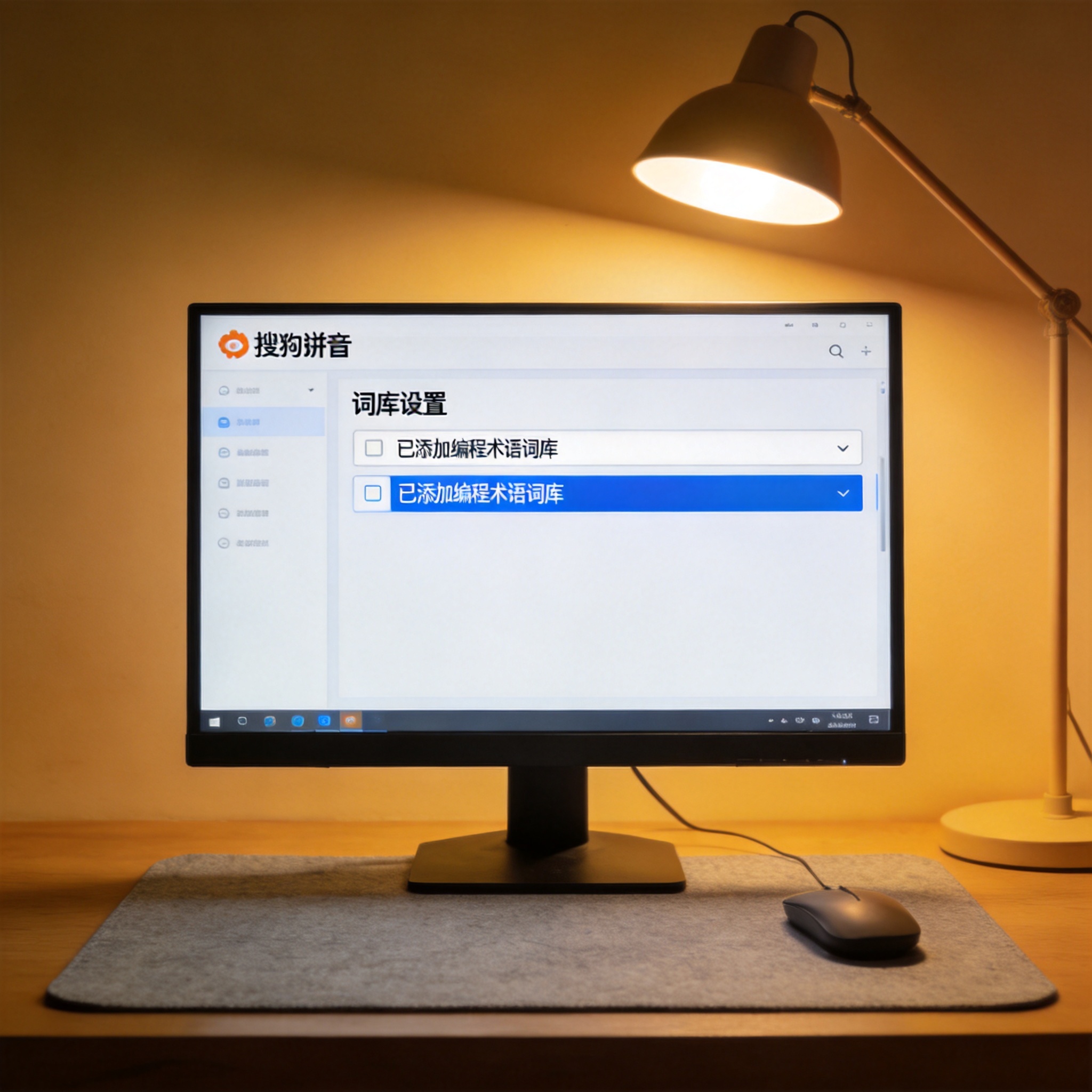 电脑屏幕显示搜狗拼音的词库设置界面，已添加编程术语词库，桌面铺着浅灰色鼠标垫，台灯暖光