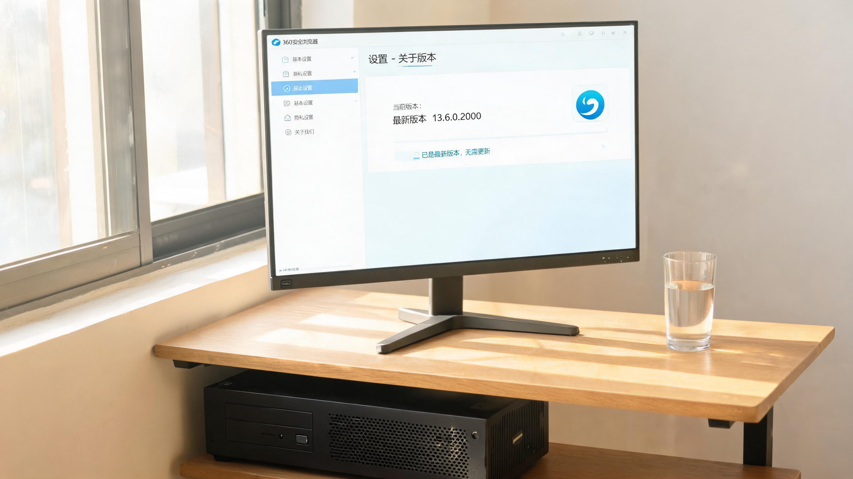 书桌上的主机，屏幕显示360 安全浏览器最新版本设置界面，桌角放着水杯，自然光