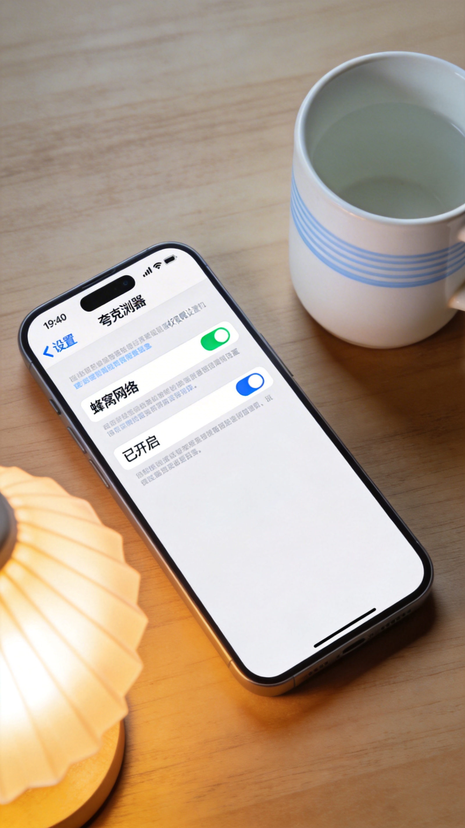 iPhone屏幕显示iOS系统设置界面，夸克浏览器的权限设置页，已开启蜂窝网络权限，旁边放着水杯，台灯暖光