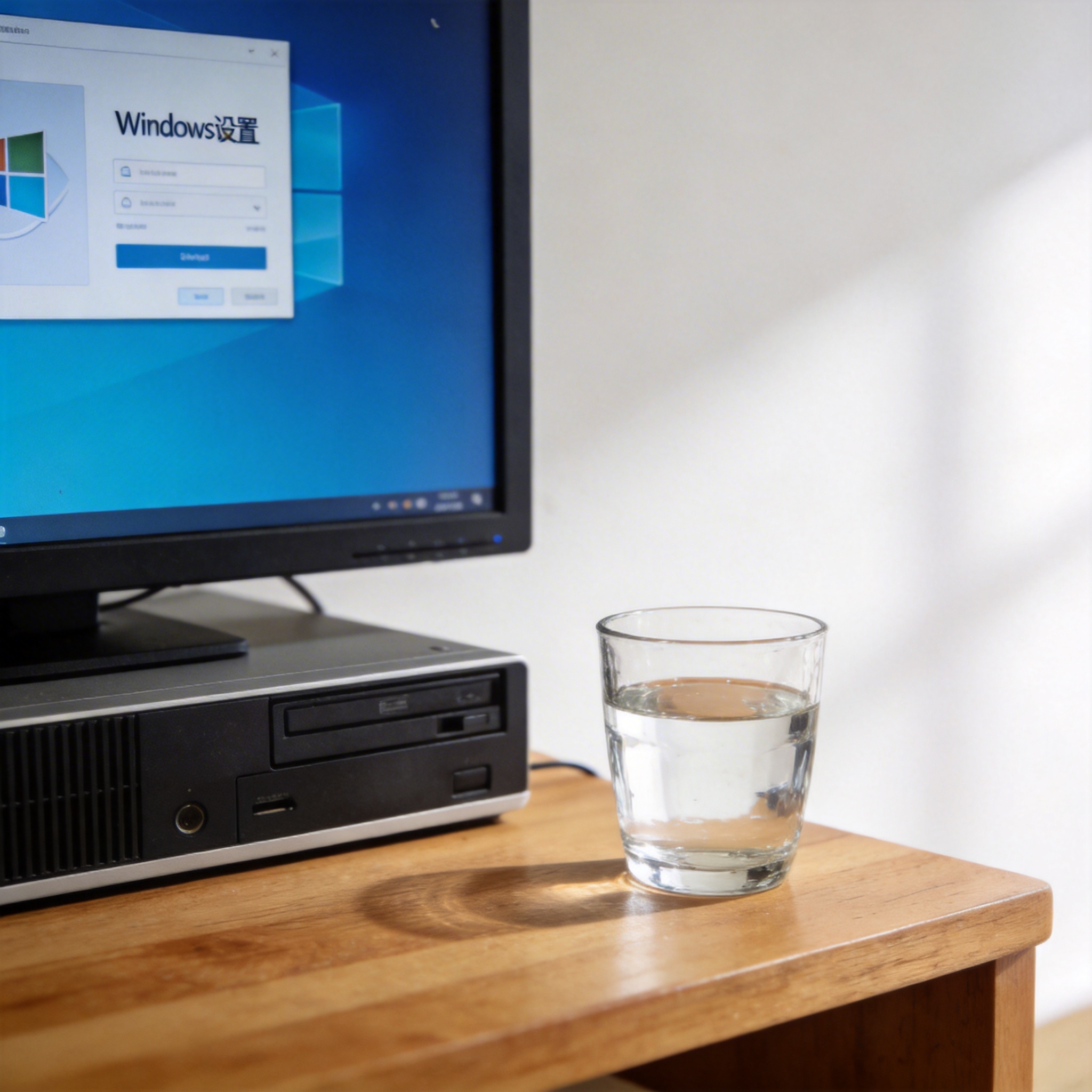 书桌上的主机，屏幕显示Windows设置界面，桌角放着水杯，自然光