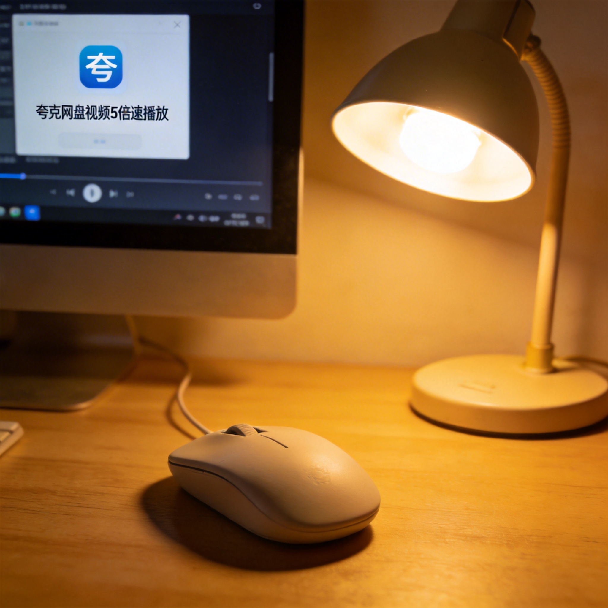 电脑桌上的鼠标，屏幕显示夸克网盘视频 5 倍速播放界面，旁边放着台灯