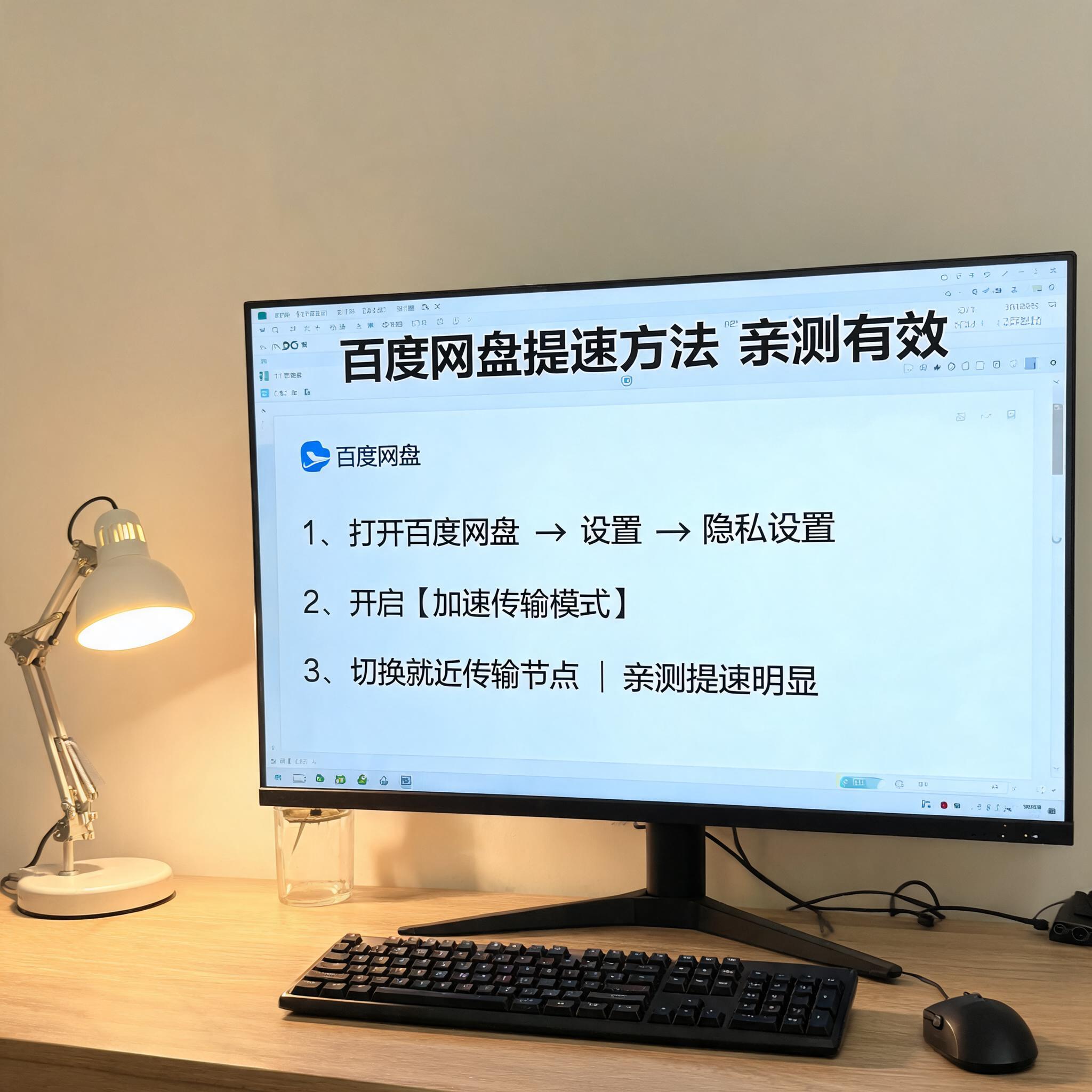 电脑桌上的电脑，屏幕显示百度网盘提速方法亲测有效界面，旁边放着台灯
