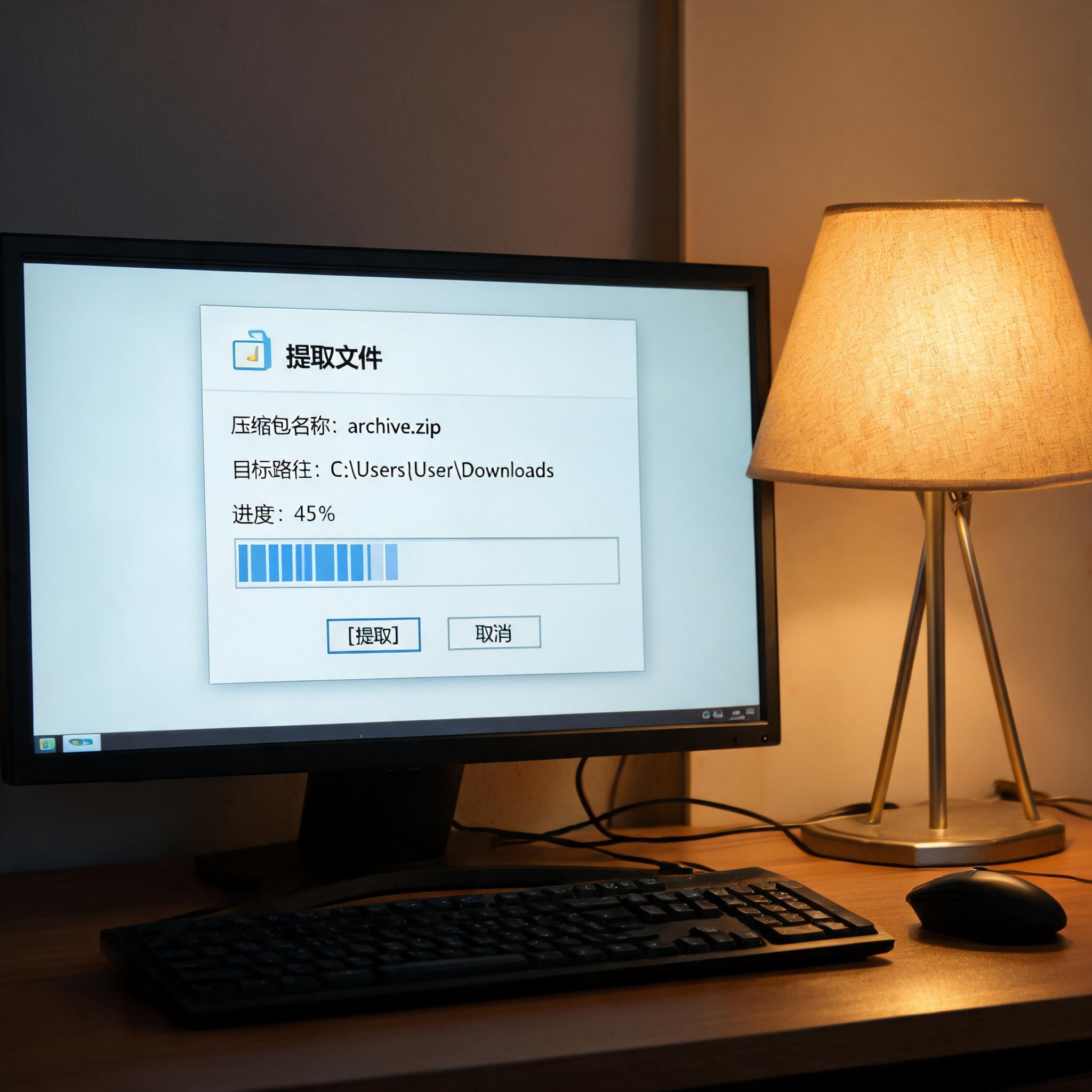 电脑桌上的电脑，屏幕显示解压缩界面，旁边放着台灯