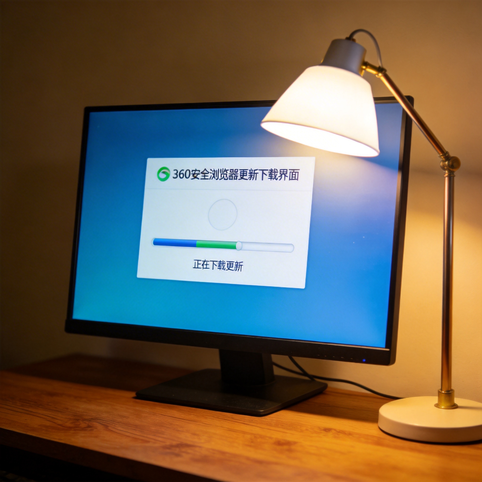 电脑桌上的电脑，屏幕显示360 安全浏览器更新下载界面，旁边放着台灯
