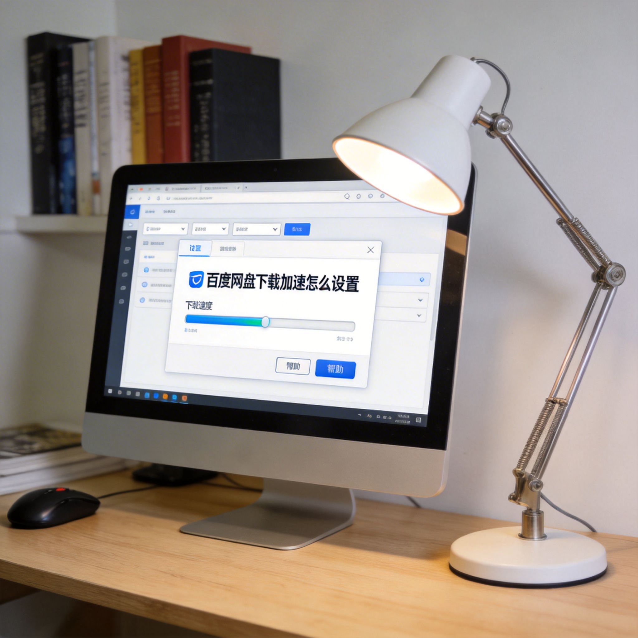 电脑桌上的电脑，屏幕显示百度网盘下载加速怎么设置界面，旁边放着台灯