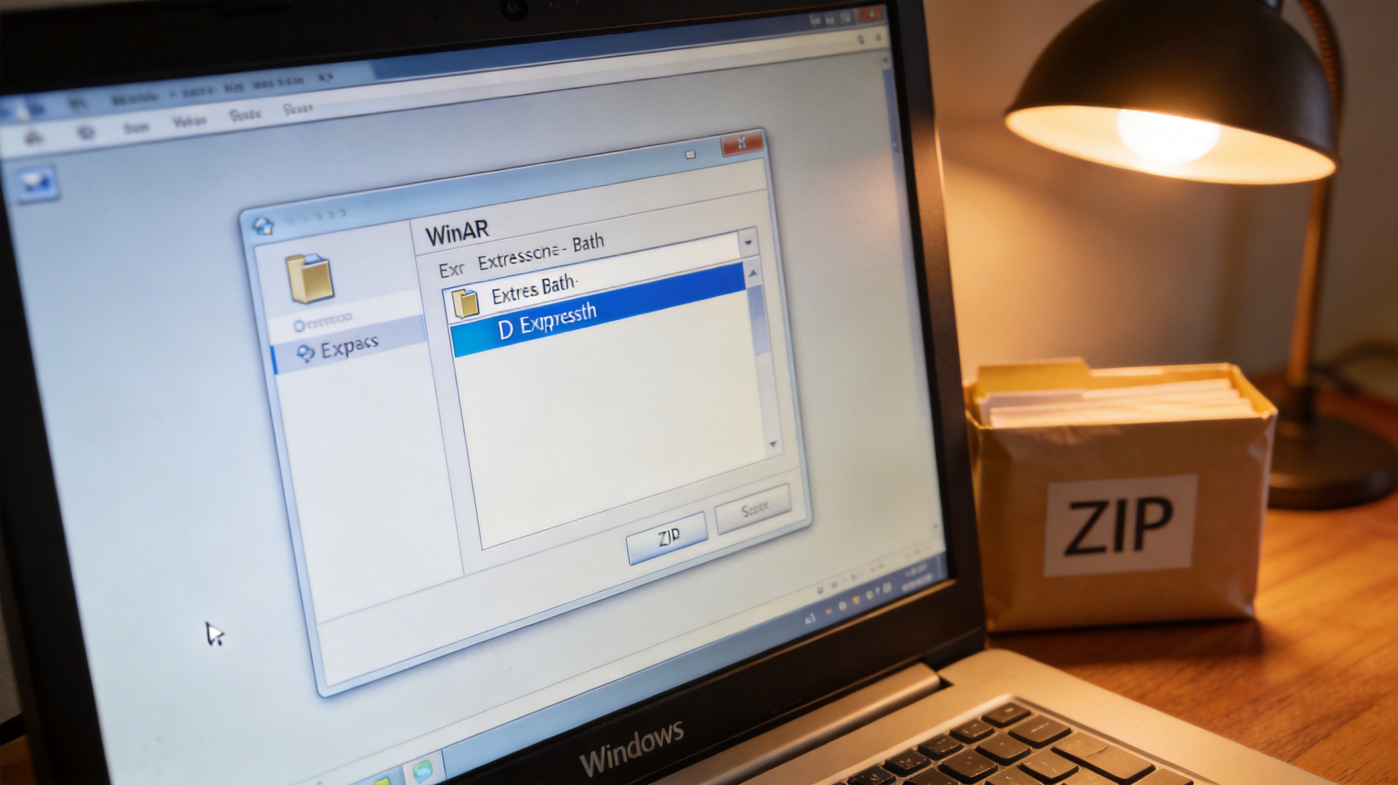 书桌上的Windows系统电脑，屏幕显示WinRAR软件的解压路径选择界面，D盘文件夹选项被选中，旁边放着ZIP格式压缩包，台灯暖光