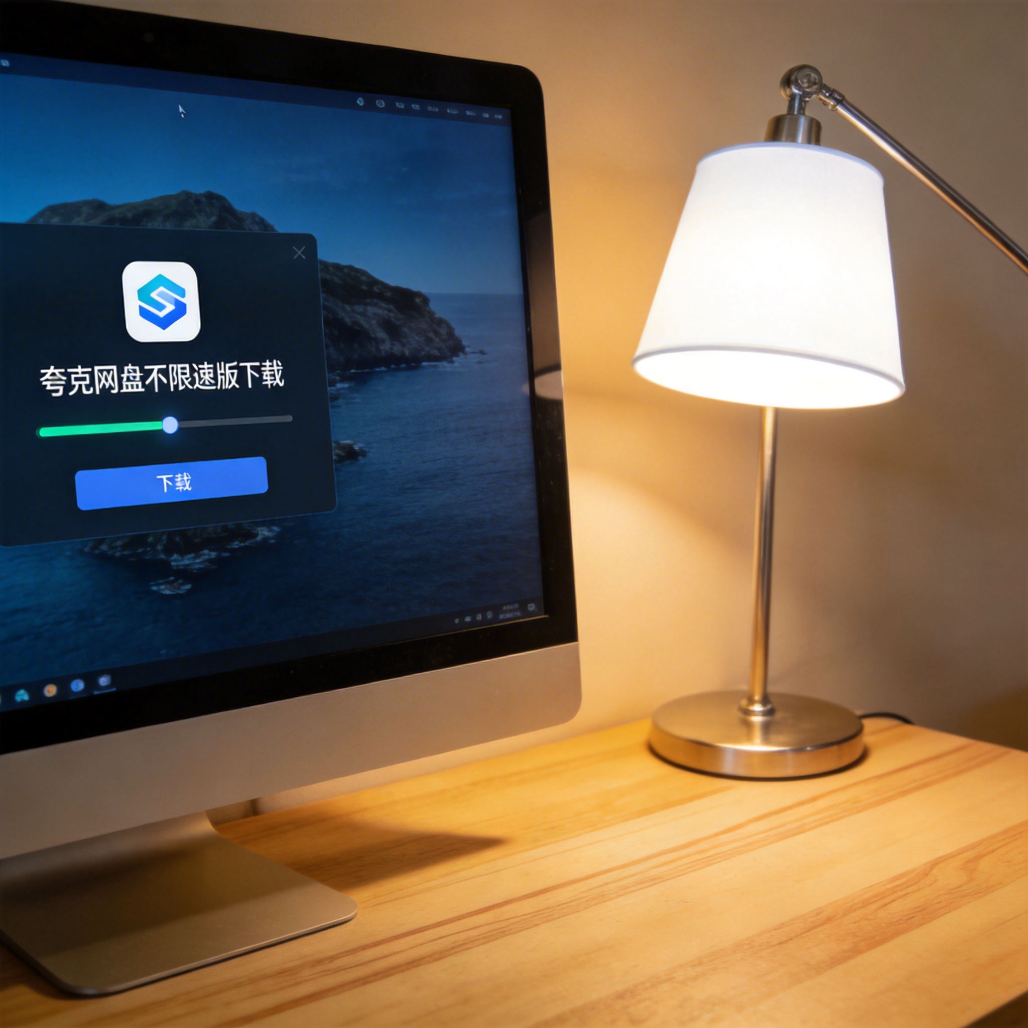 电脑桌上的电脑，屏幕显示夸克网盘不限速版下载界面，旁边放着台灯