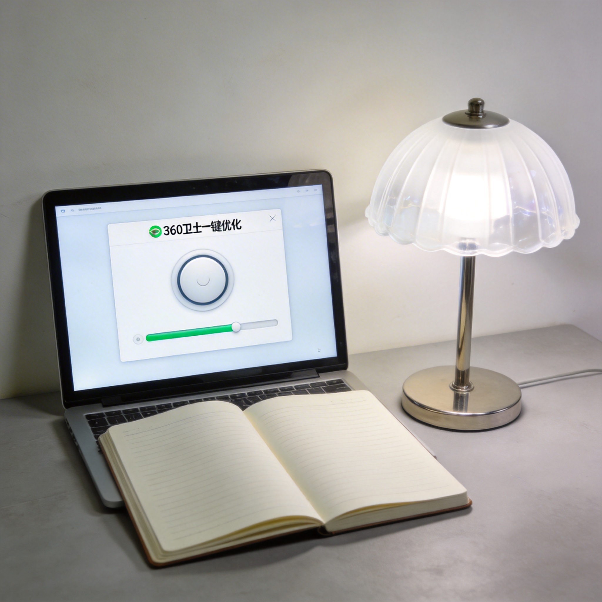 电脑桌上的笔记本，屏幕显示360 卫士一键优化功能桌面，旁边放着台灯