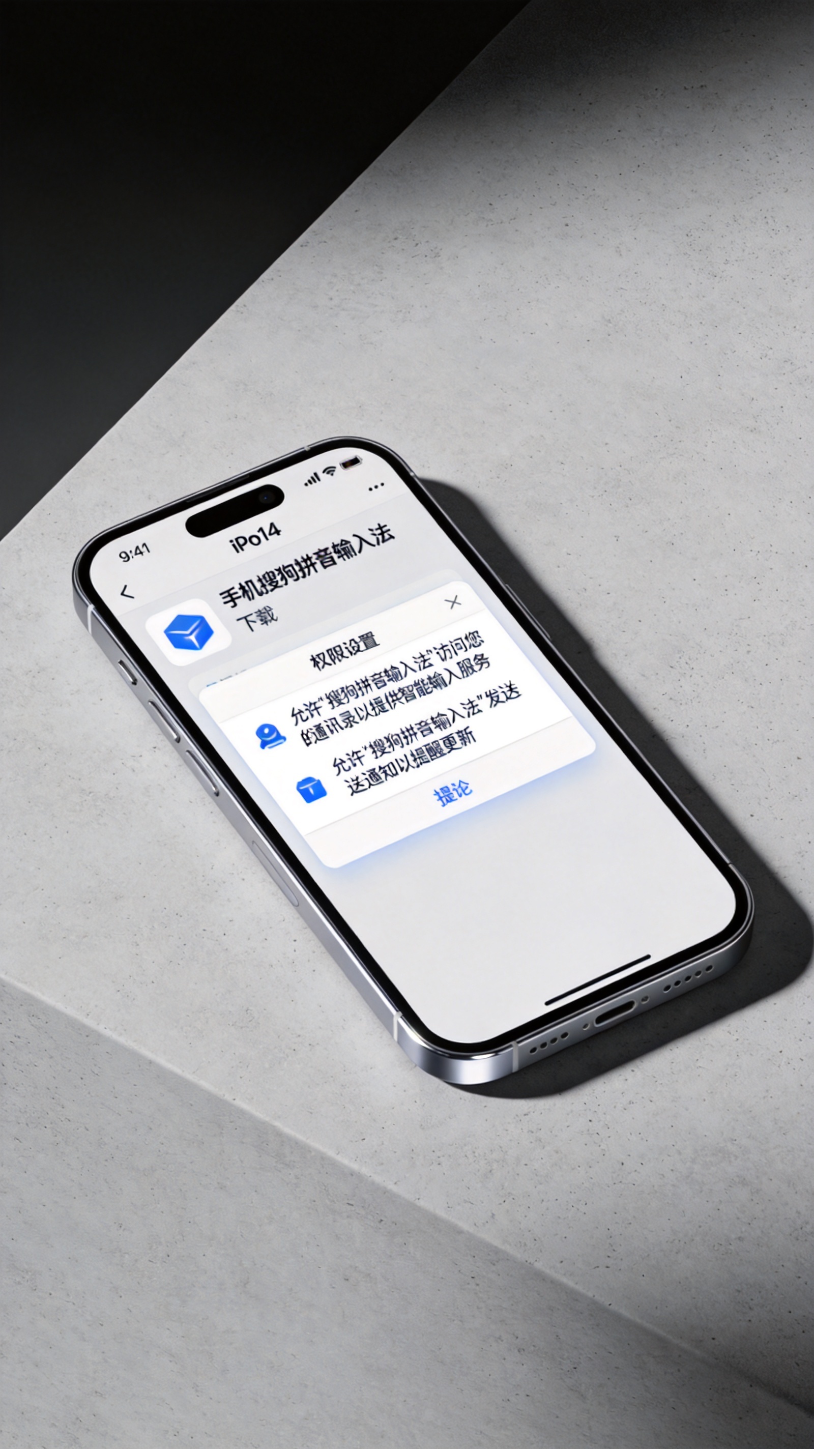 桌面放着的iOS14系统手机，屏幕显示手机搜狗拼音输入法下载界面，下方弹出权限设置提示框，室内自然光