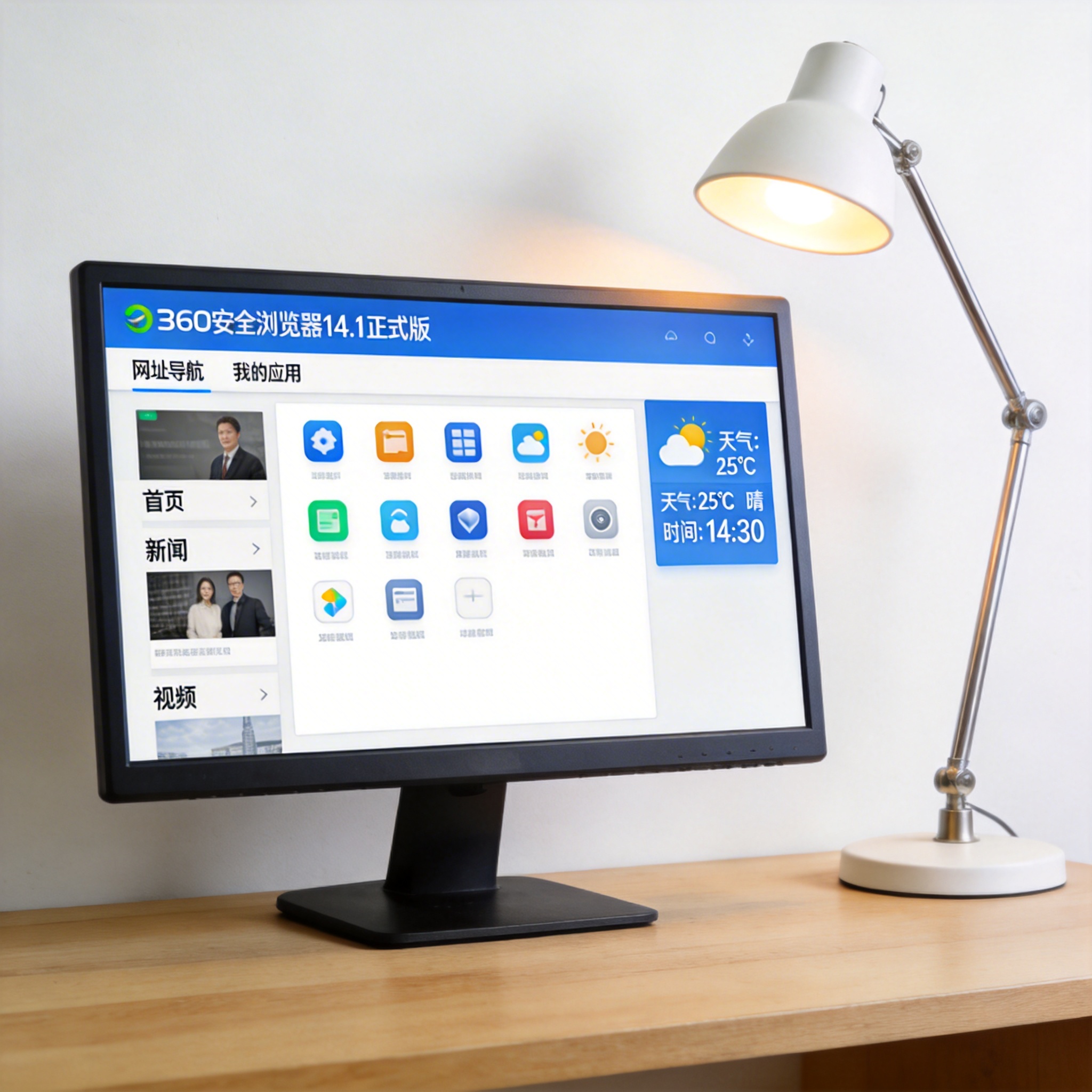 电脑桌上的电脑，屏幕显示360 安全浏览器最新版本界面，旁边放着台灯