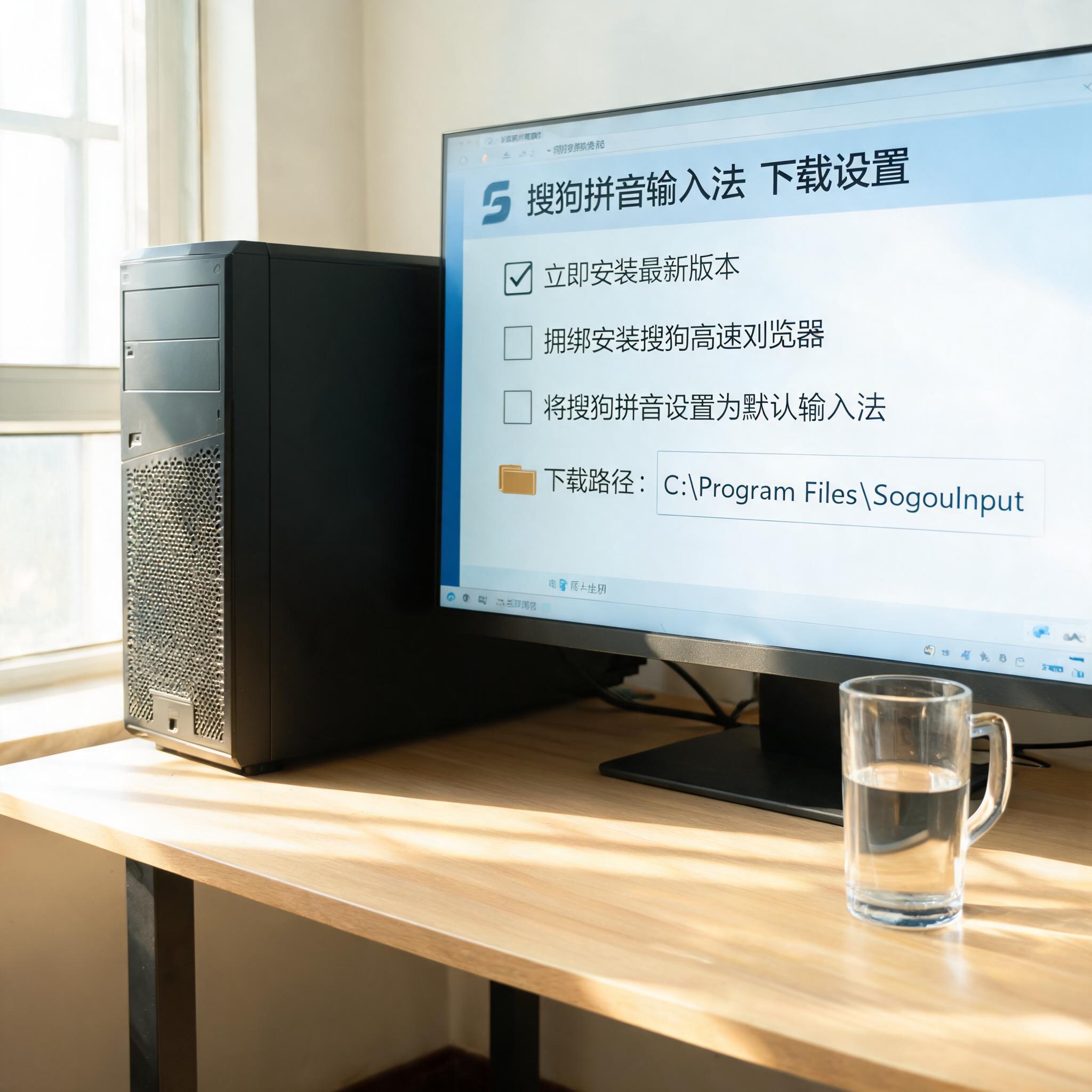 书桌上的主机，屏幕显示搜狗拼音下载设置界面，桌角放着水杯，自然光