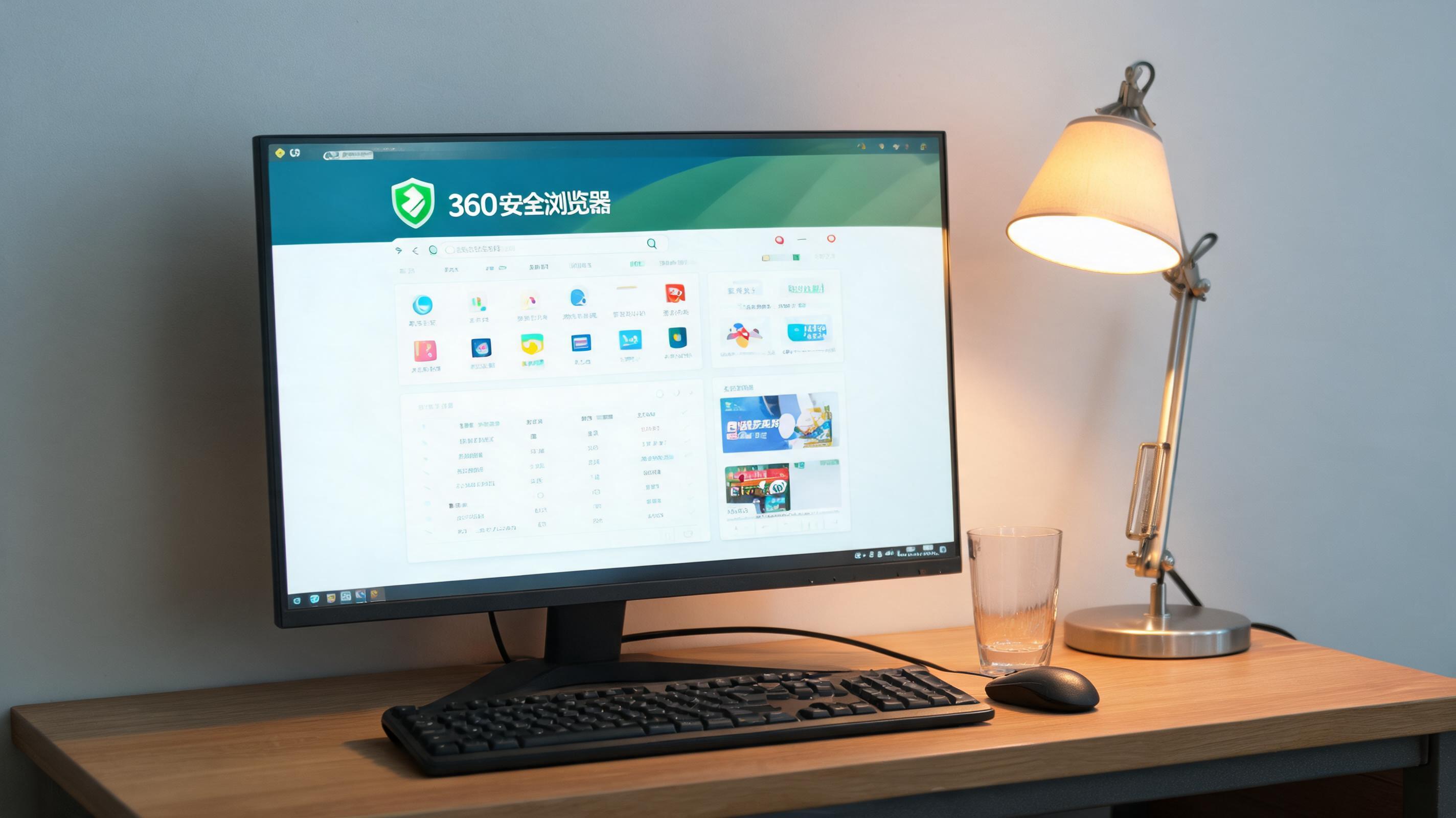 电脑桌上的电脑，屏幕显示360 安全浏览器电脑版桌面，旁边放着台灯