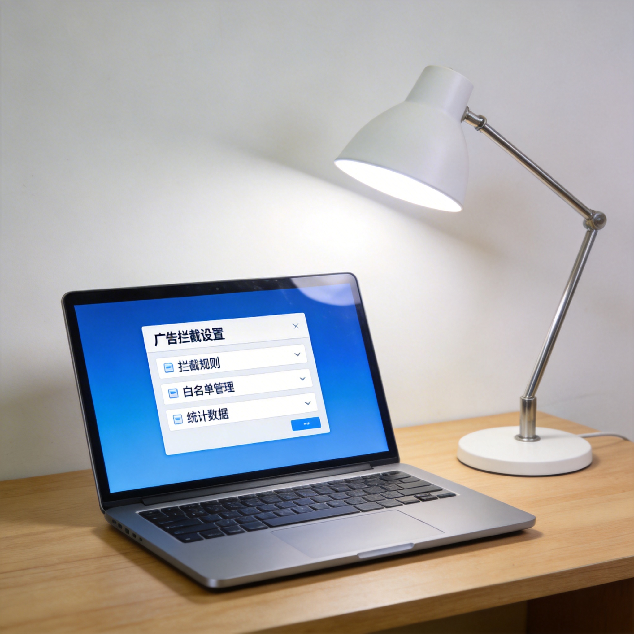 电脑桌上的电脑，屏幕显示夸克浏览器广告拦截设置菜单，旁边放着台灯
