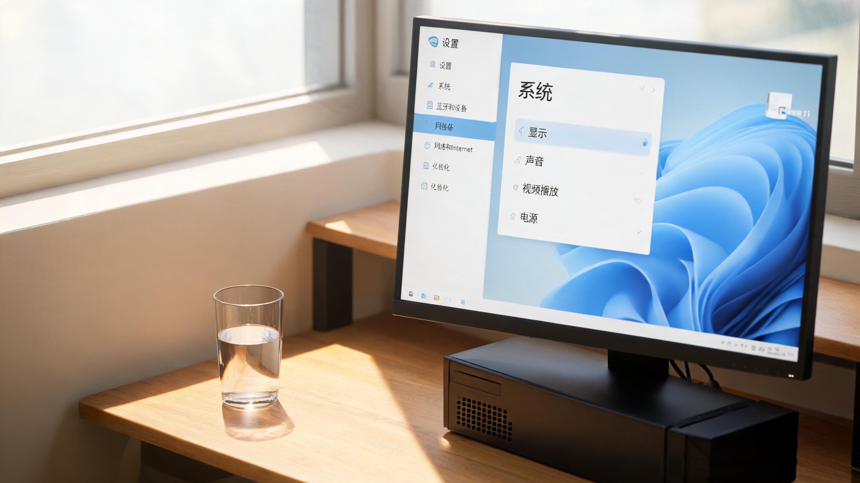 书桌上的主机，屏幕显示Windows设置界面，桌角放着水杯，自然光