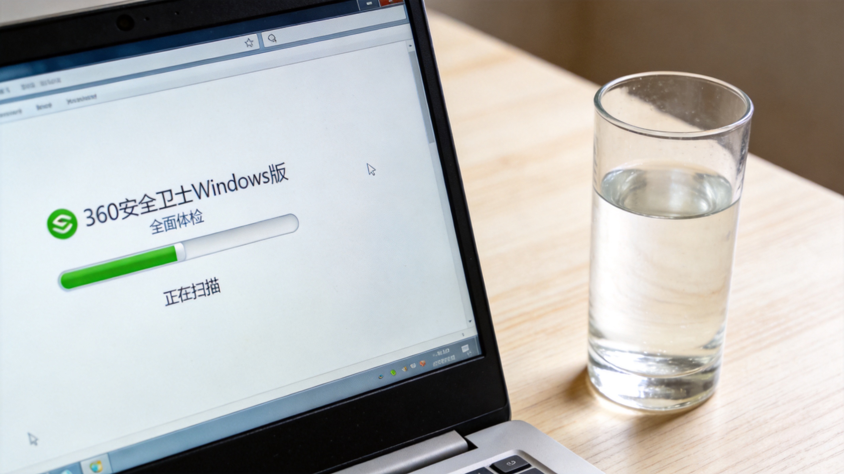 电脑桌面，屏幕显示360安全卫士Windows版的全面体检扫描界面，旁边放着半杯凉白开，室内自然光