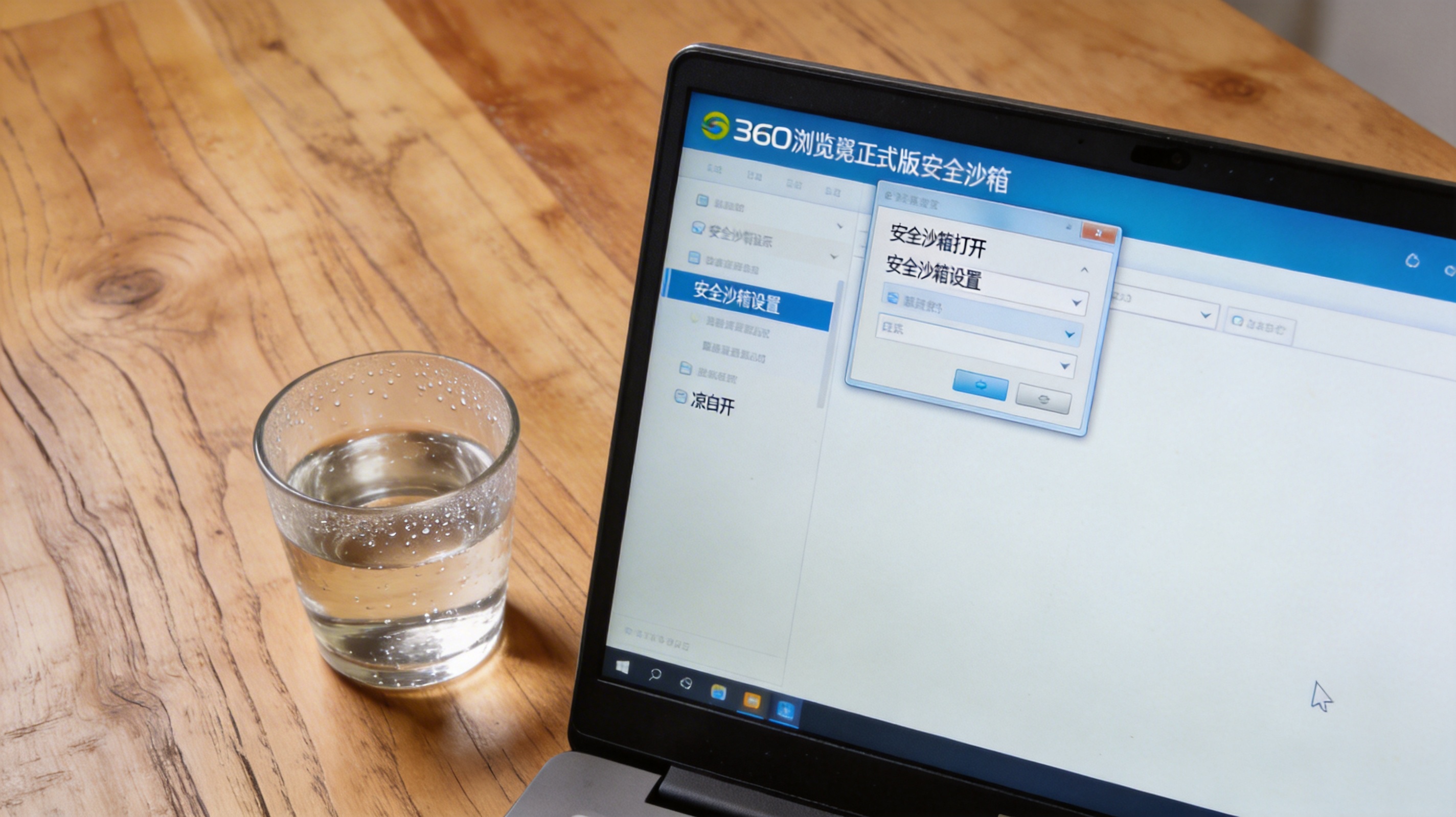 电脑桌面，屏幕显示360浏览器正式版的安全沙箱功能右键菜单，旁边放着半杯凉白开，室内自然光