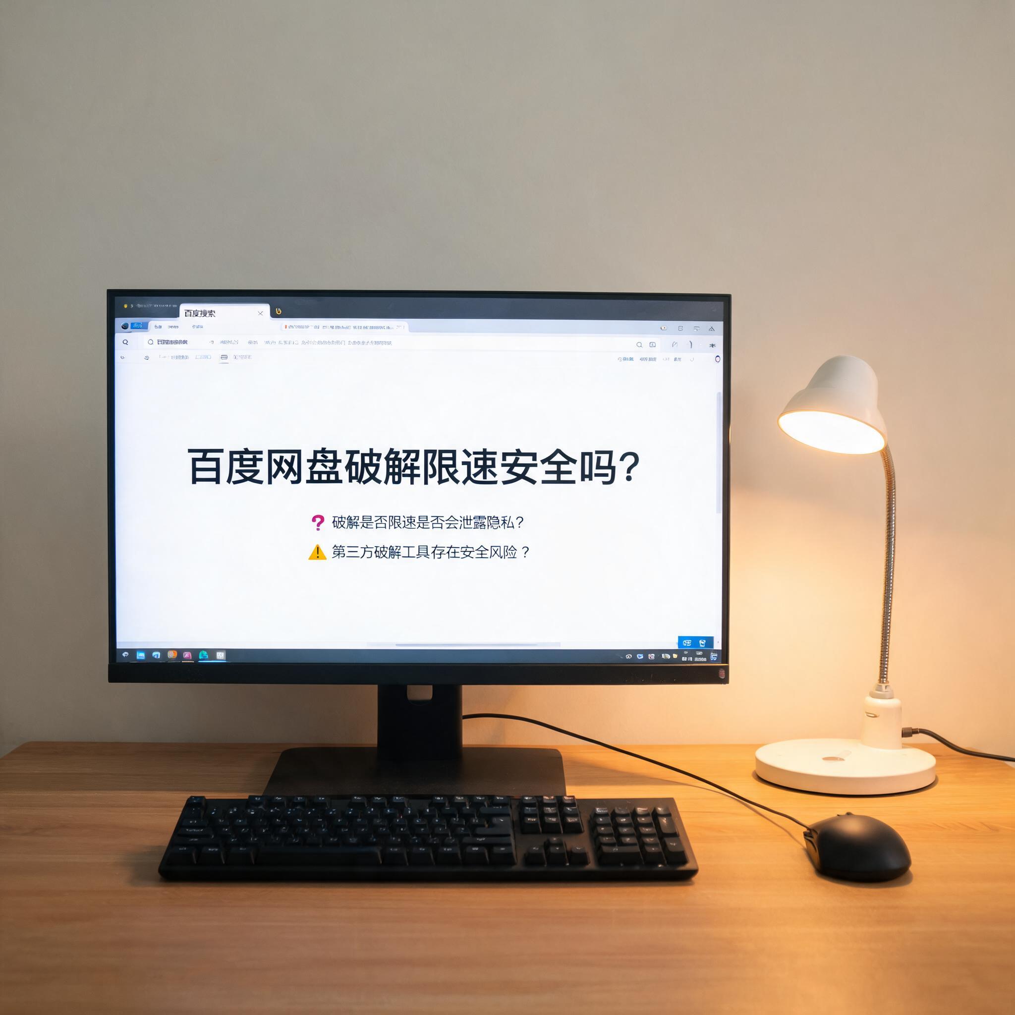 电脑桌上的电脑，屏幕显示百度网盘破解限速安全吗界面，旁边放着台灯