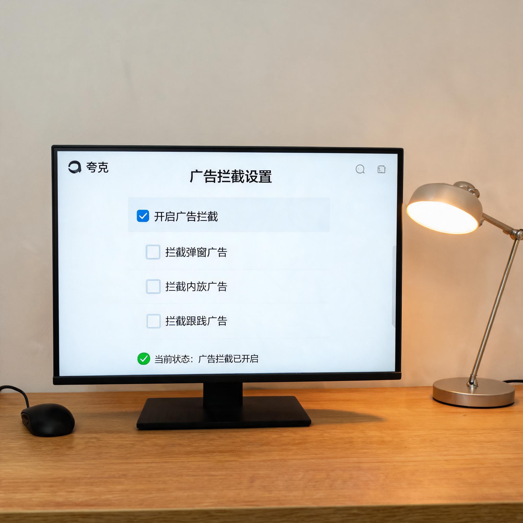 电脑桌上的电脑，屏幕显示夸克浏览器广告拦截设置界面，旁边放着台灯