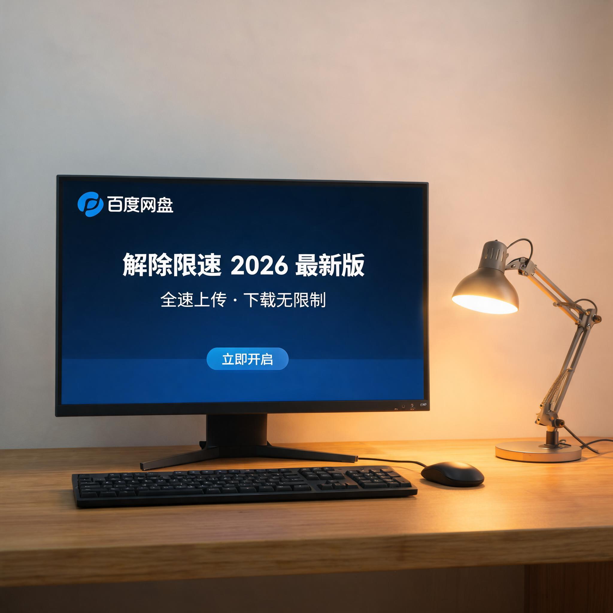 电脑桌上的电脑，屏幕显示百度网盘解除限速 2026 最新界面，旁边放着台灯