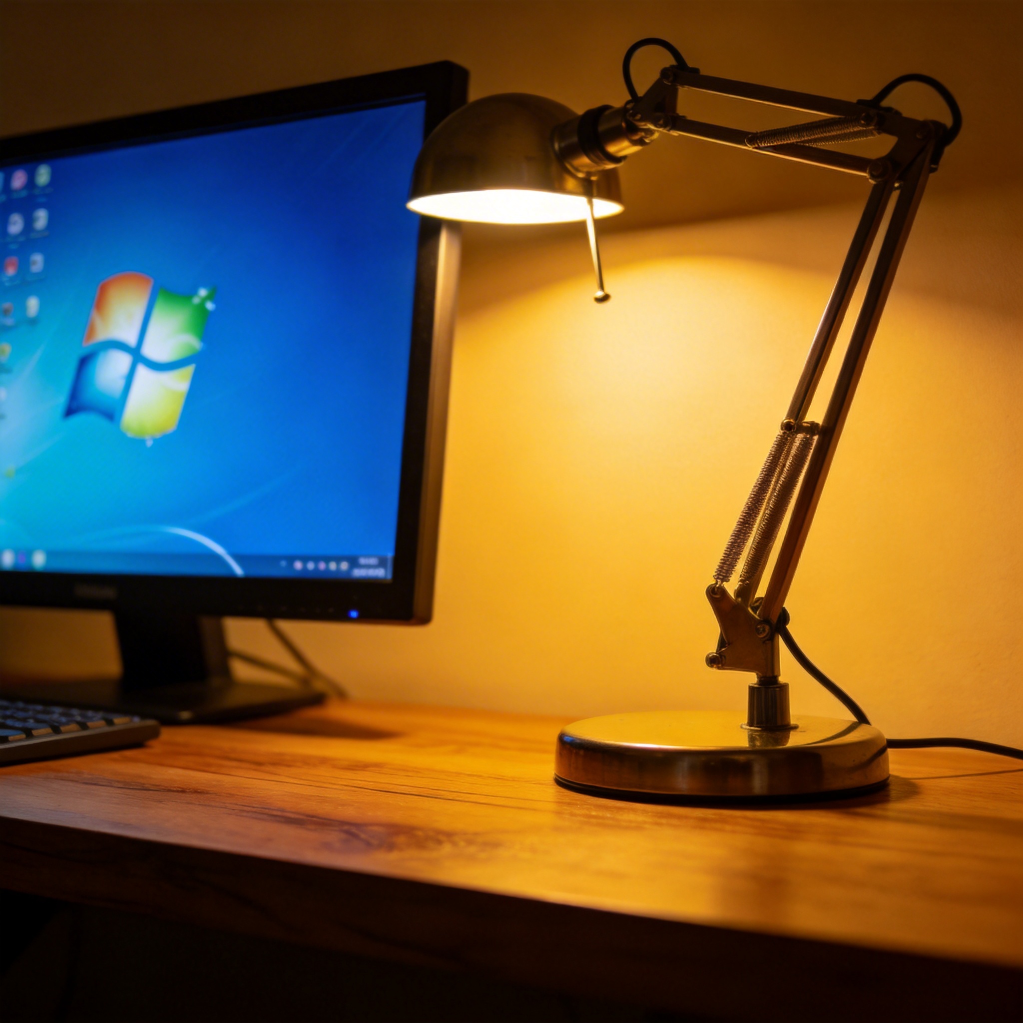 电脑桌上的电脑，屏幕显示Windows界面，旁边放着台灯