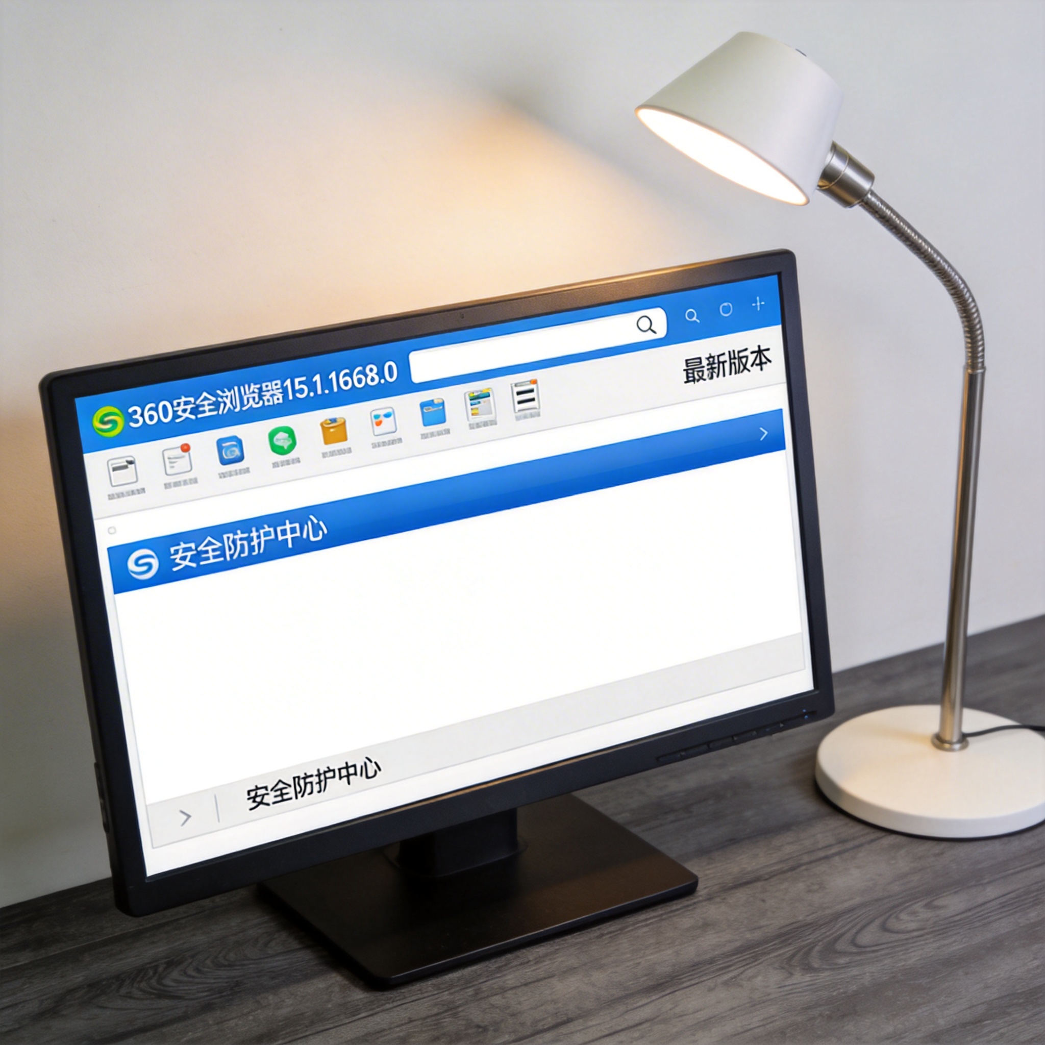 电脑桌上的电脑，屏幕显示360 安全浏览器最新版本界面，旁边放着台灯