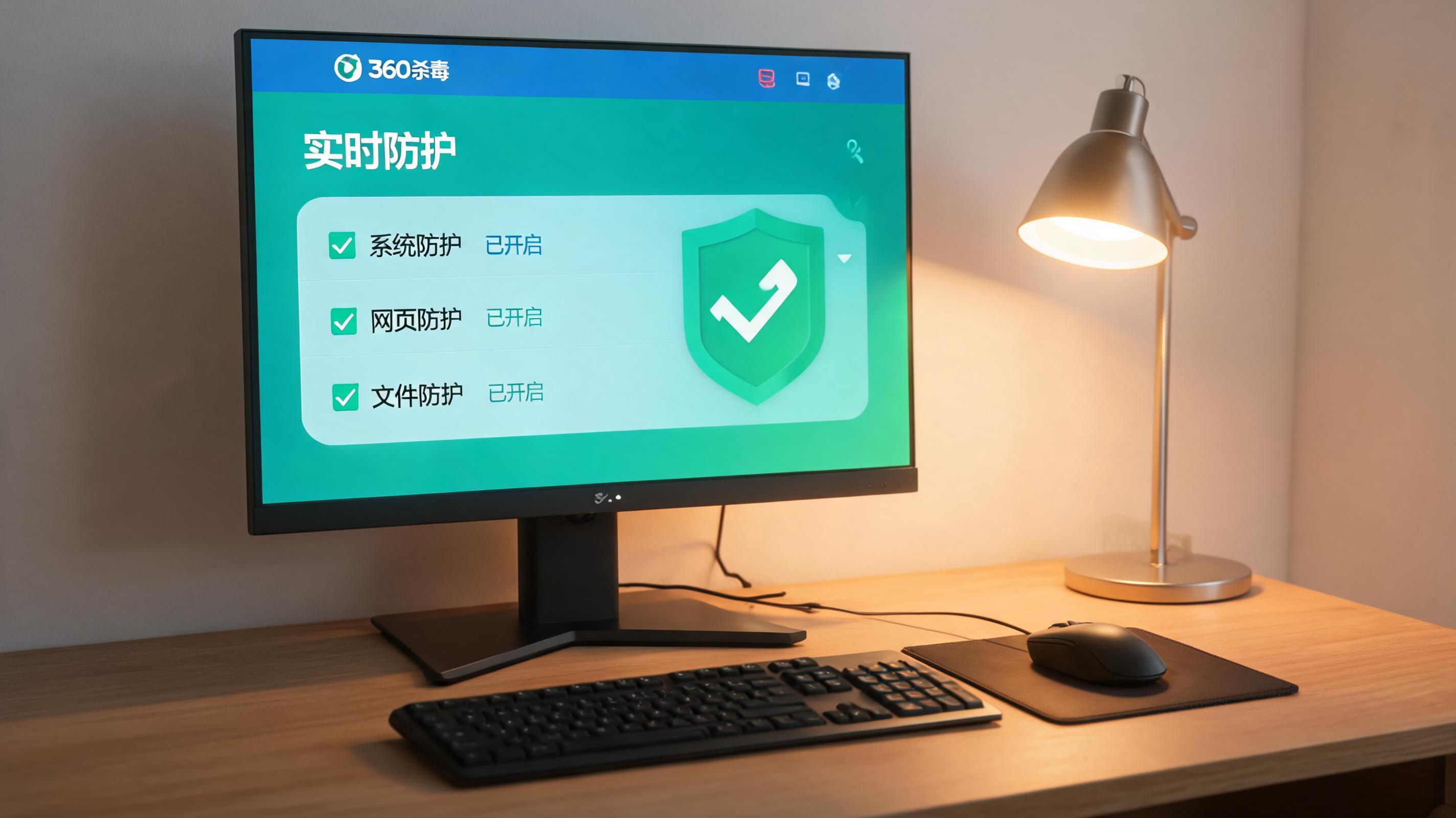 电脑桌上的电脑，屏幕显示360 杀毒实时防护功能界面，旁边放着台灯