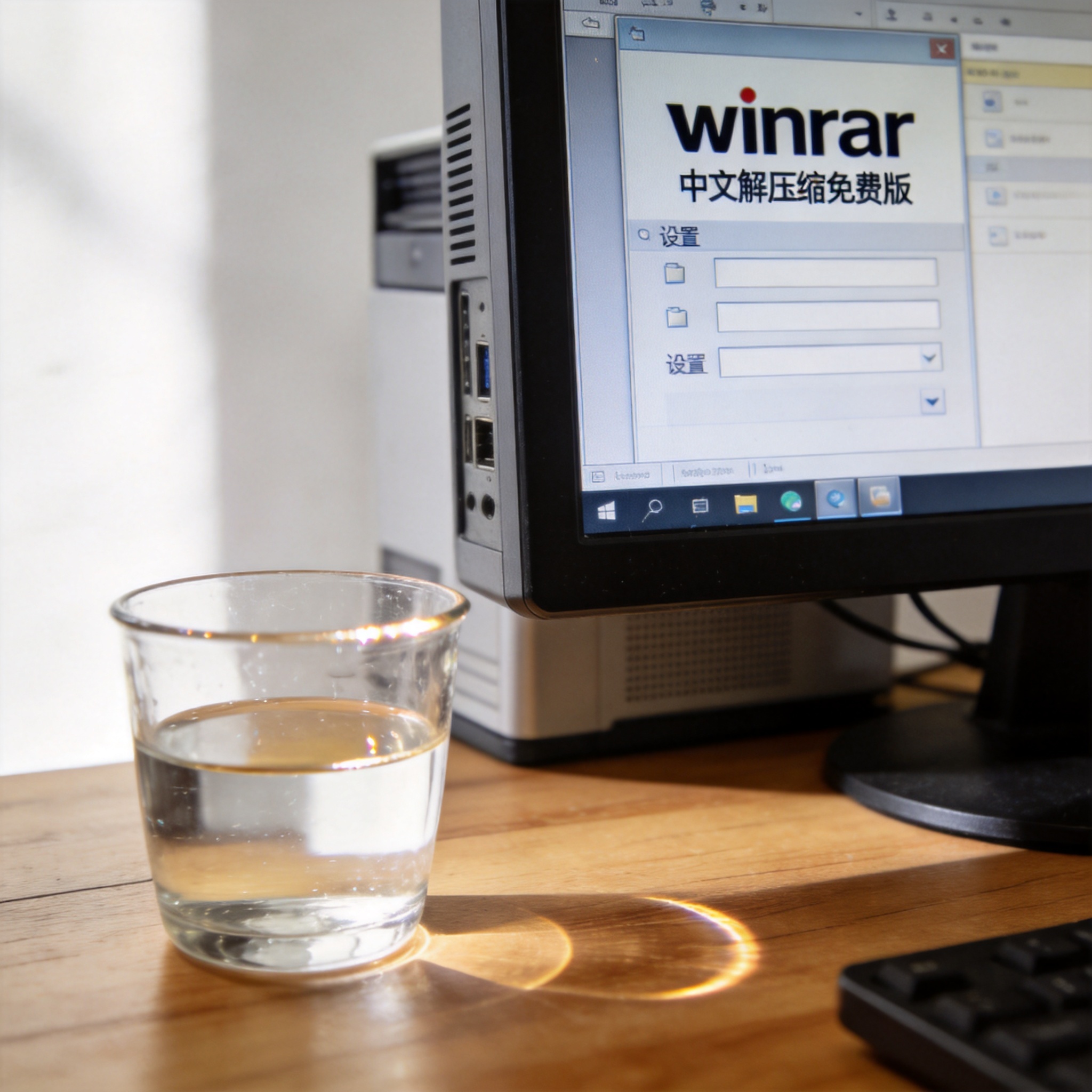 书桌上的主机，屏幕显示winrar 中文解压缩免费版设置界面，桌角放着水杯，自然光
