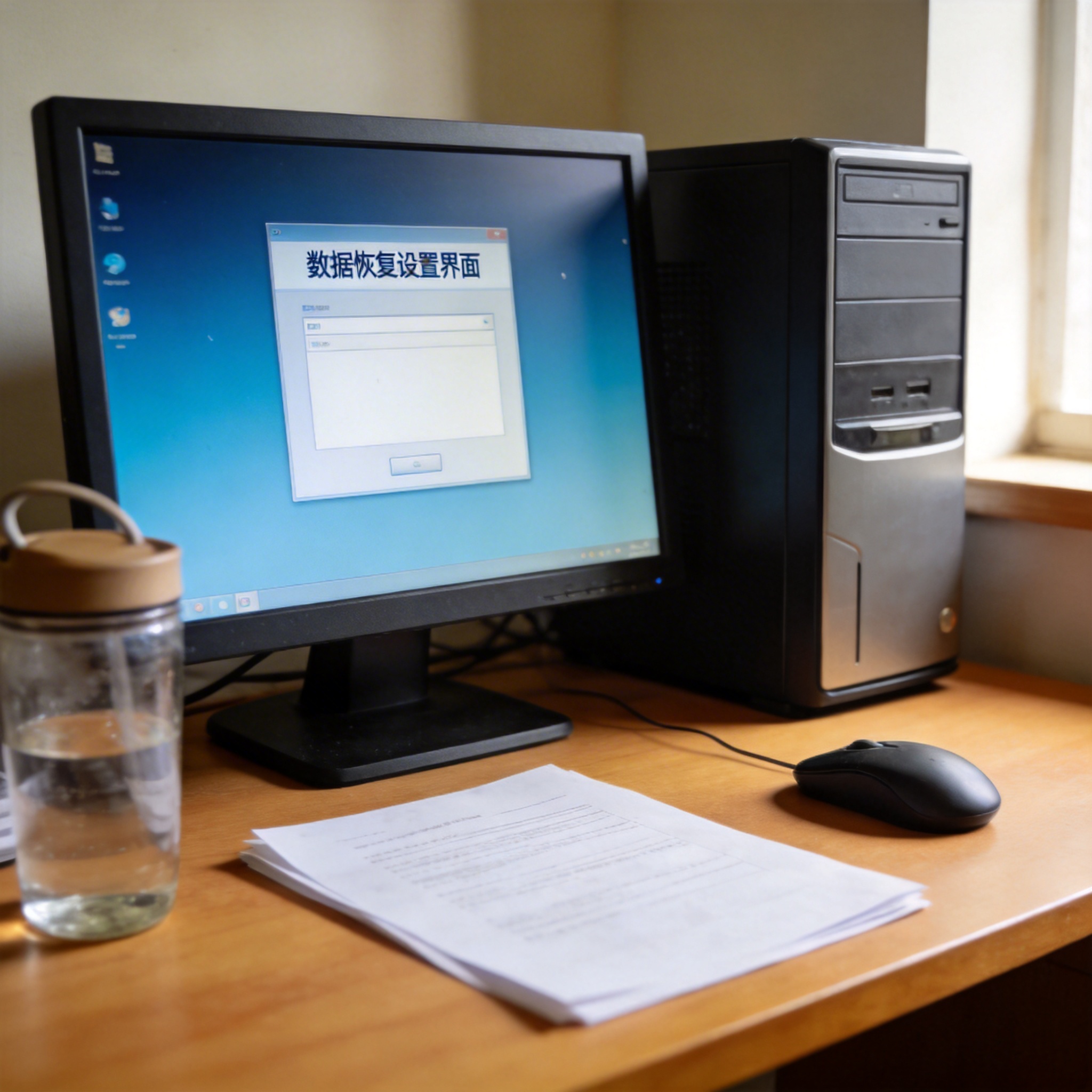 书桌上的主机，屏幕显示数据恢复设置界面，桌角放着水杯，自然光