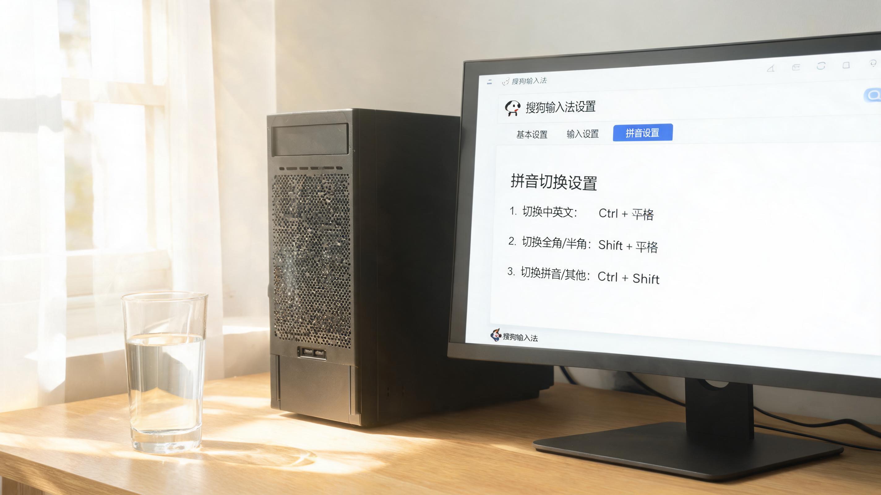书桌上的主机，屏幕显示搜狗输入法如何切换拼音设置界面，桌角放着水杯，自然光