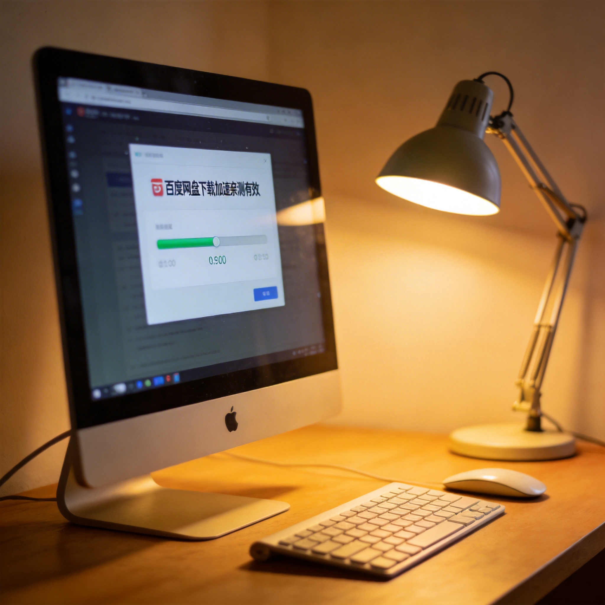 电脑桌上的电脑，屏幕显示百度网盘下载加速亲测有效界面，旁边放着台灯