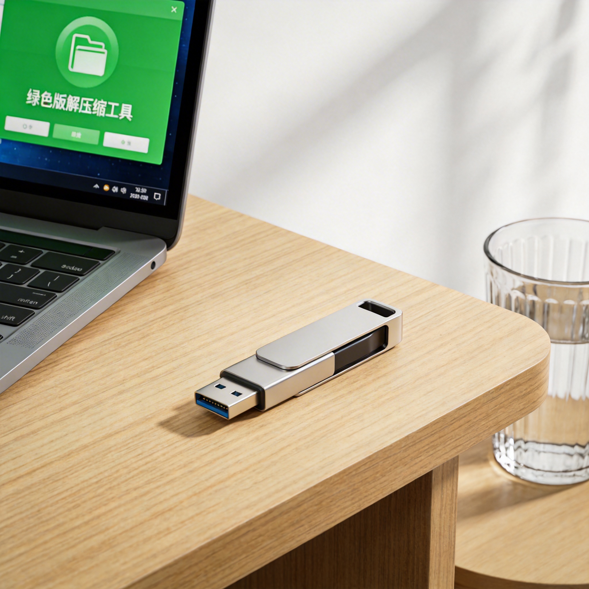 书桌上的U盘，屏幕显示绿色版解压缩工具免安装设置界面，桌角放着水杯，自然光