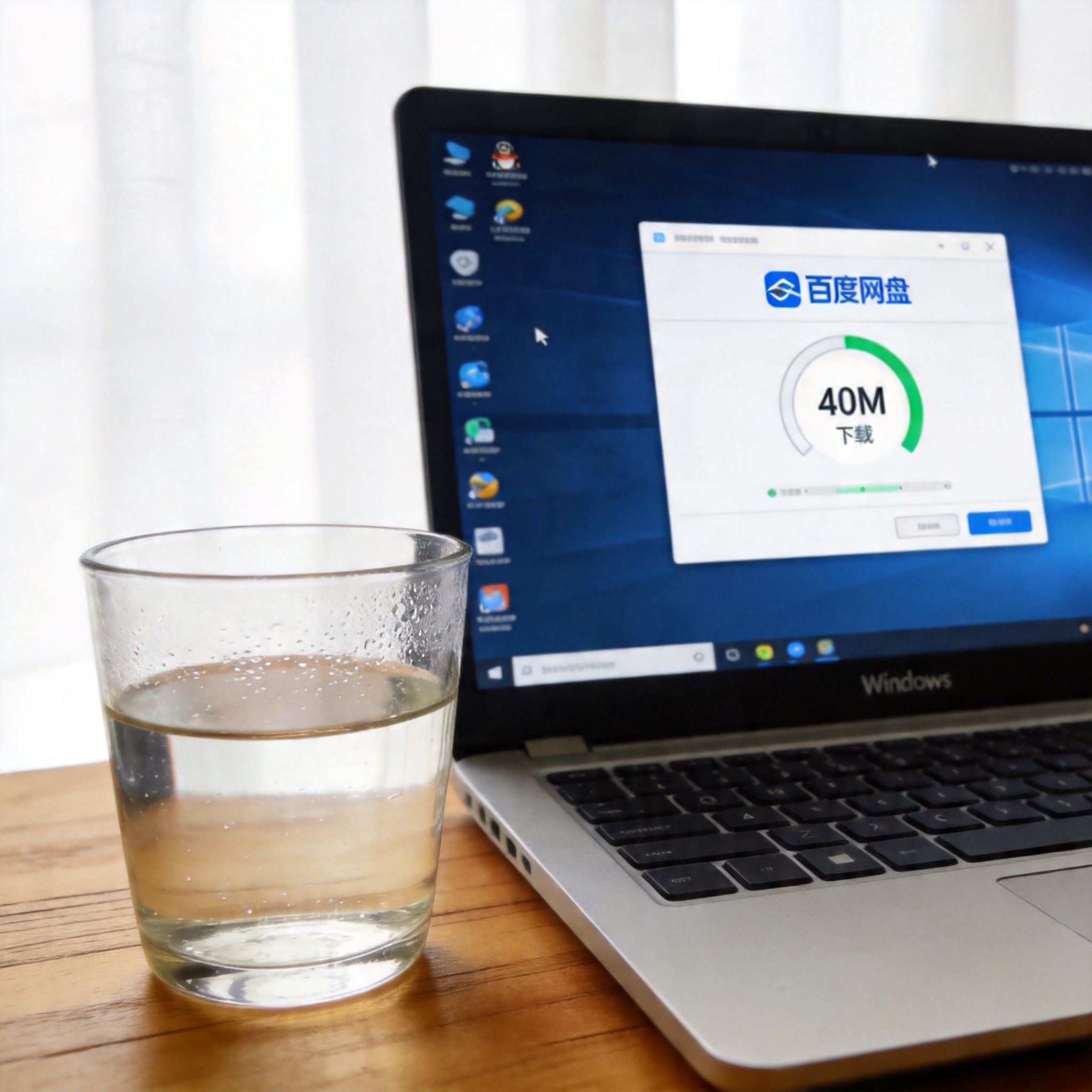 电脑桌的Windows系统电脑，屏幕显示百度网盘网页版界面，下载速度显示40M，旁边放着半杯温水，室内自然光