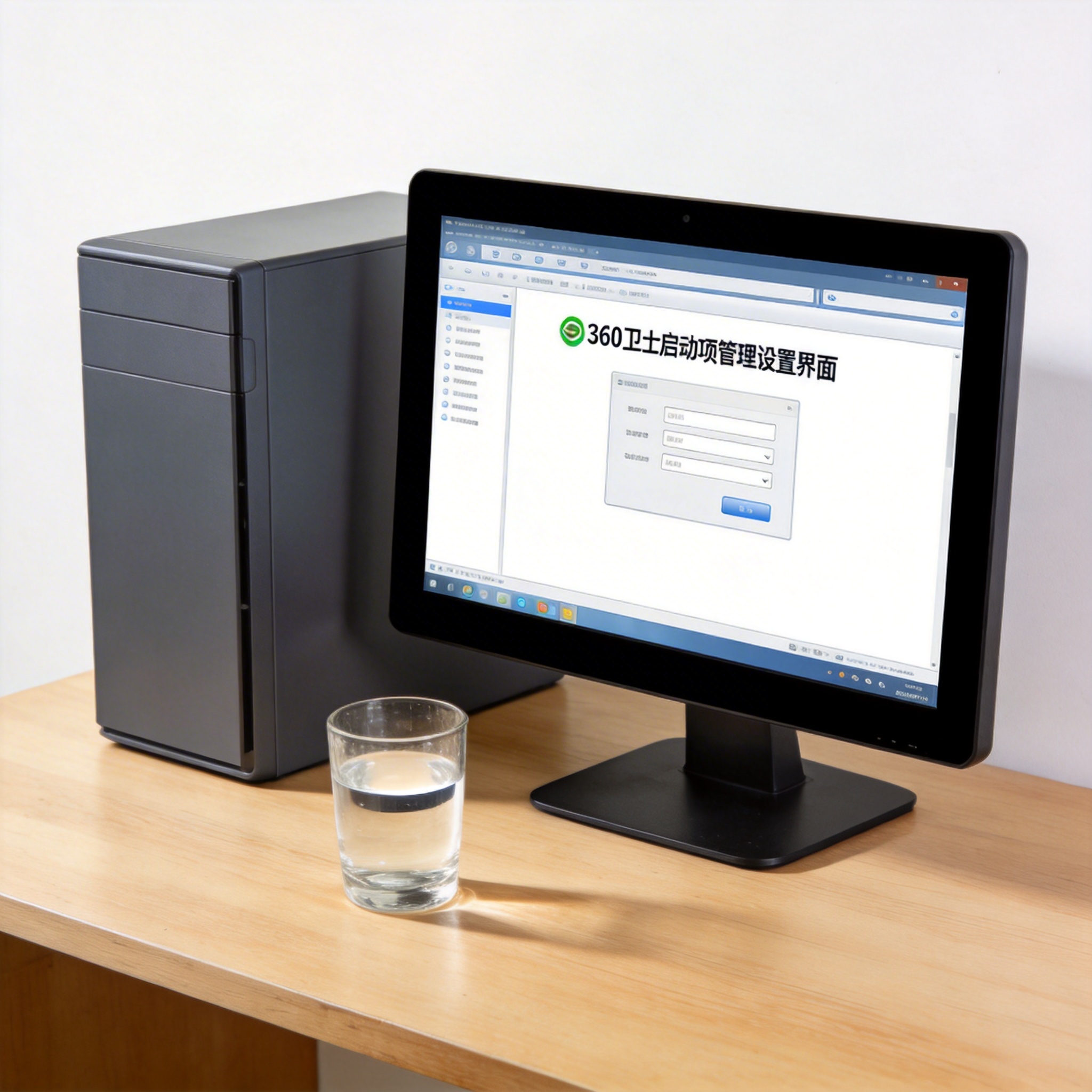 书桌上的主机，屏幕显示360 卫士启动项管理设置界面，桌角放着水杯，自然光