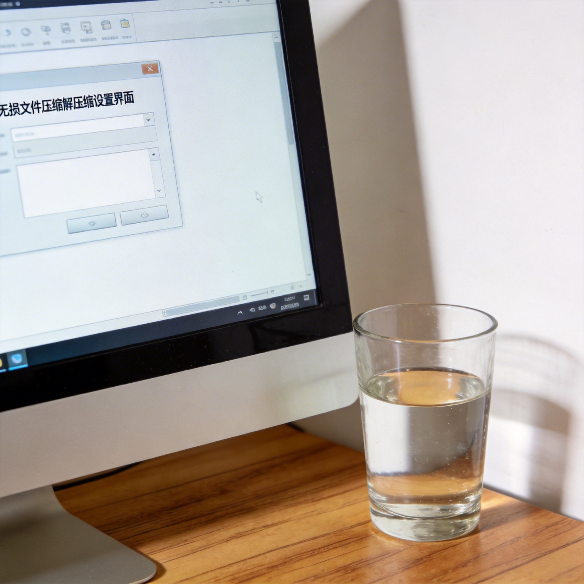 书桌上的电脑，屏幕显示无损文件压缩解压缩设置界面，桌角放着水杯，自然光