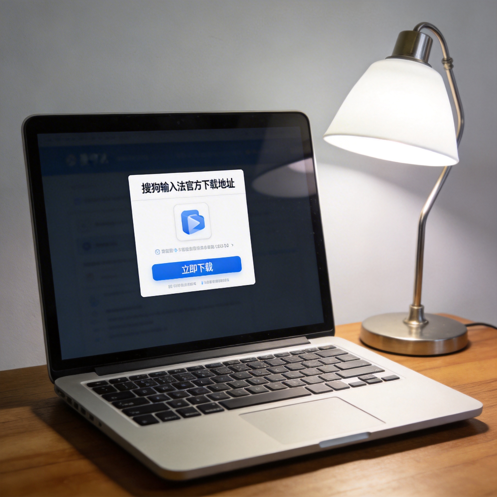 电脑桌上的电脑，屏幕显示搜狗输入法官方下载地址界面，旁边放着台灯