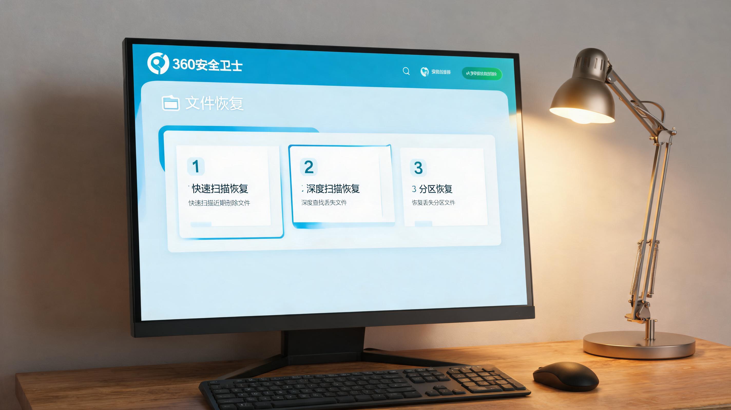 电脑桌上的电脑，屏幕显示360 安全卫士文件恢复功能分区，旁边放着台灯