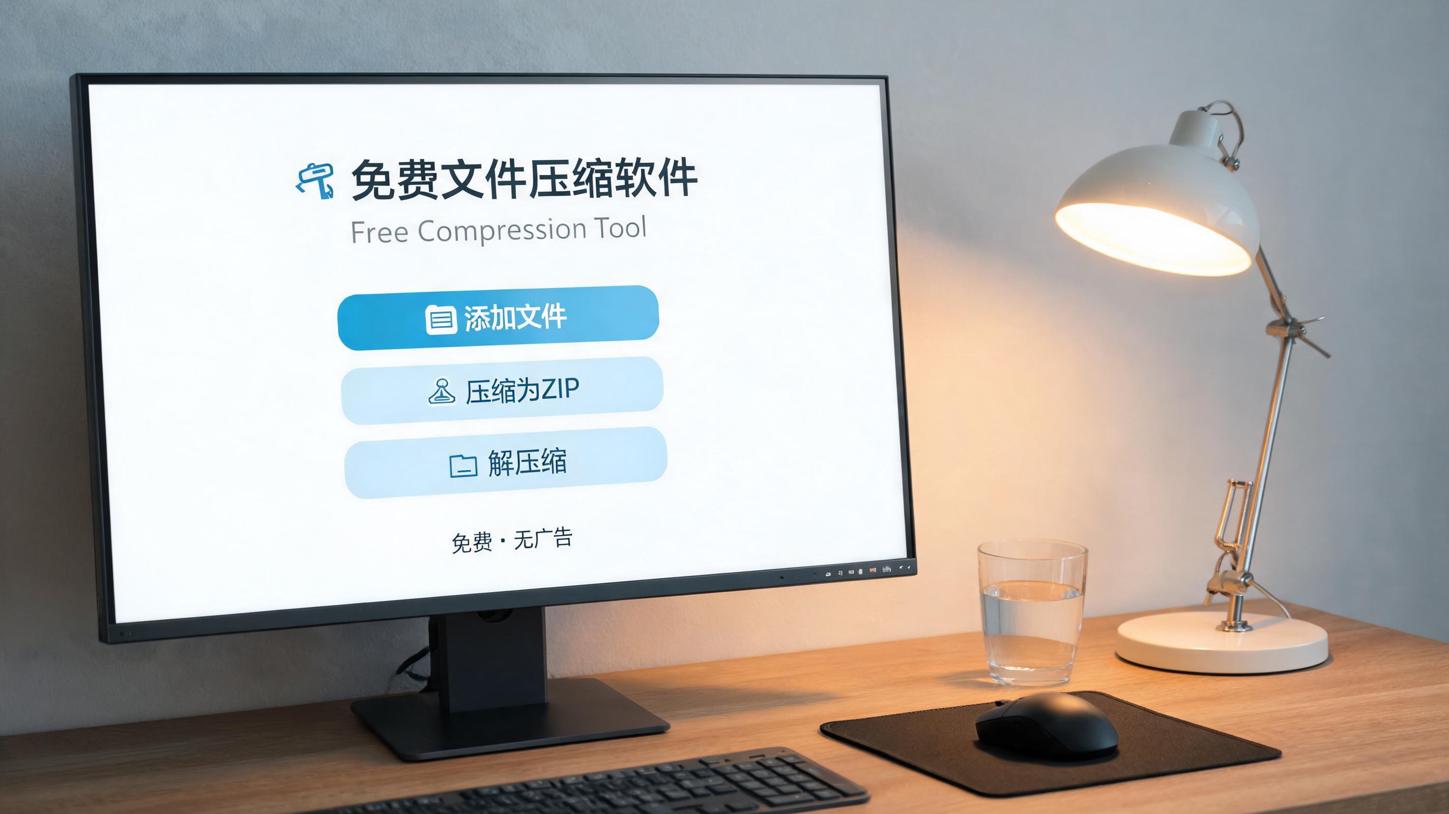电脑桌上的电脑，屏幕显示免费文件压缩软件官方界面，旁边放着台灯