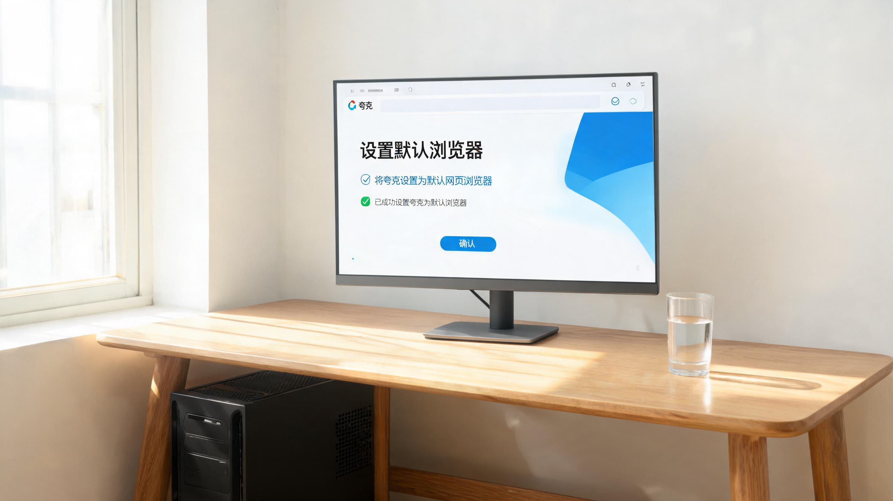 书桌上的主机，屏幕显示夸克浏览器怎么设置默认浏览器设置界面，桌角放着水杯，自然光