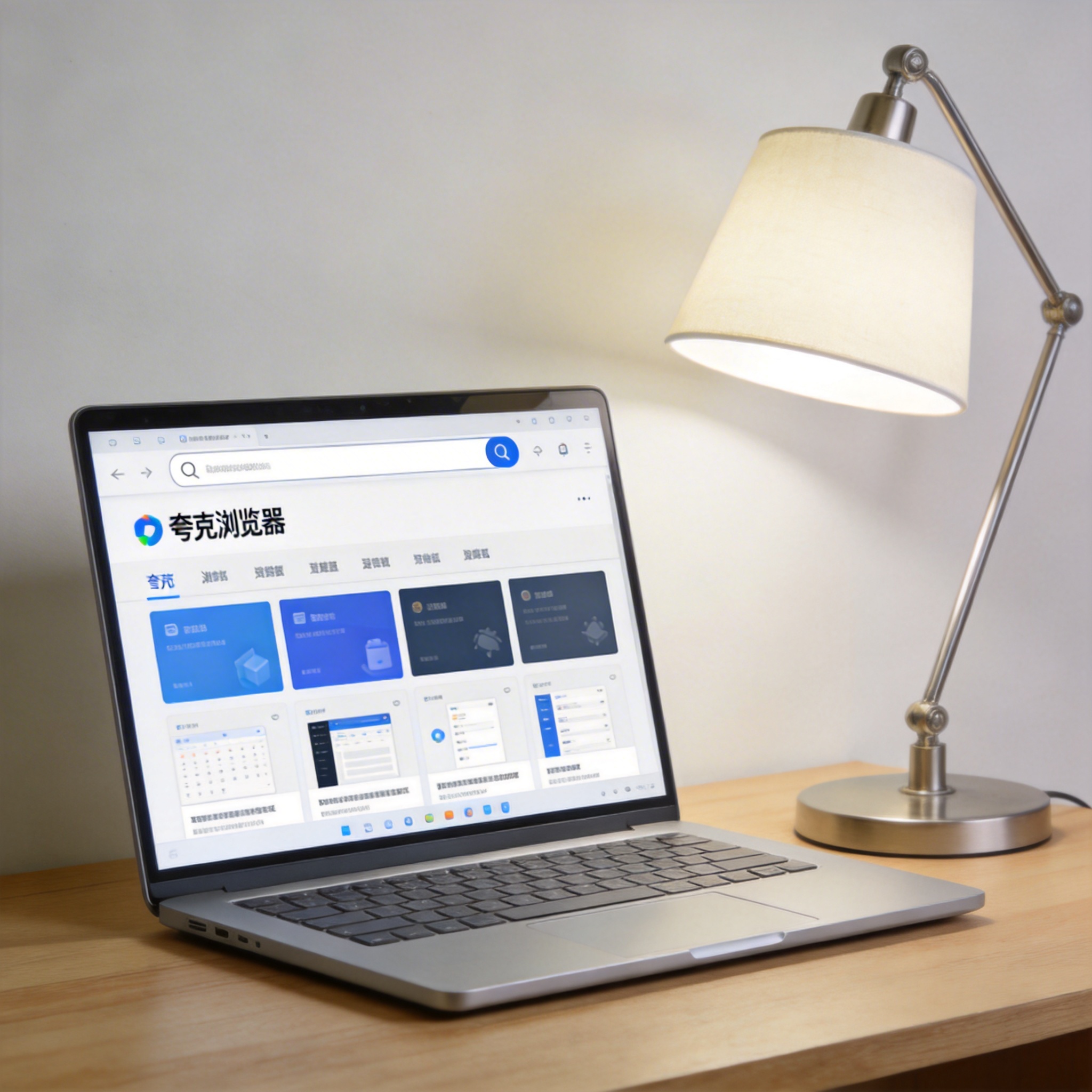 电脑桌上的电脑，屏幕显示夸克浏览器界面，旁边放着台灯